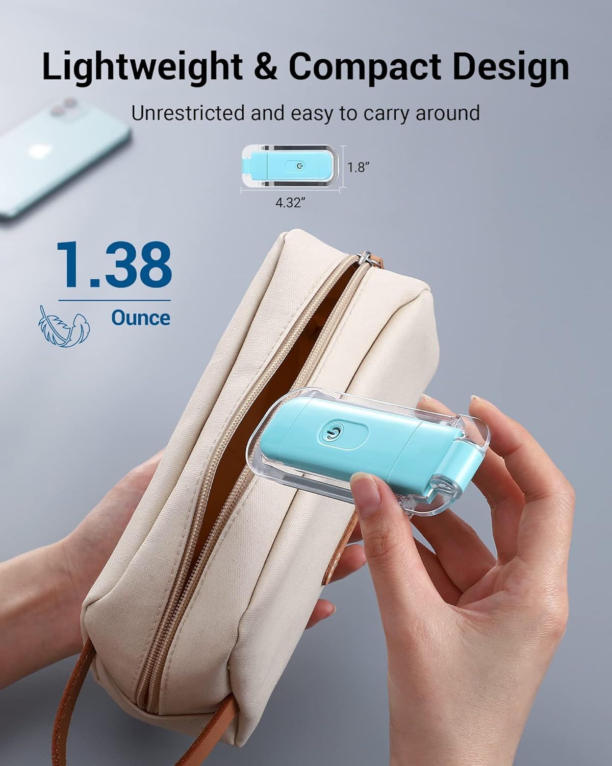 Communicates the product's portability by showing exact dimensions (4.32 x 1.8 inches) and ultra-light weight (1.38 ounces), reassuring shoppers it's easy to carry and fits in small bags. Reinforces…