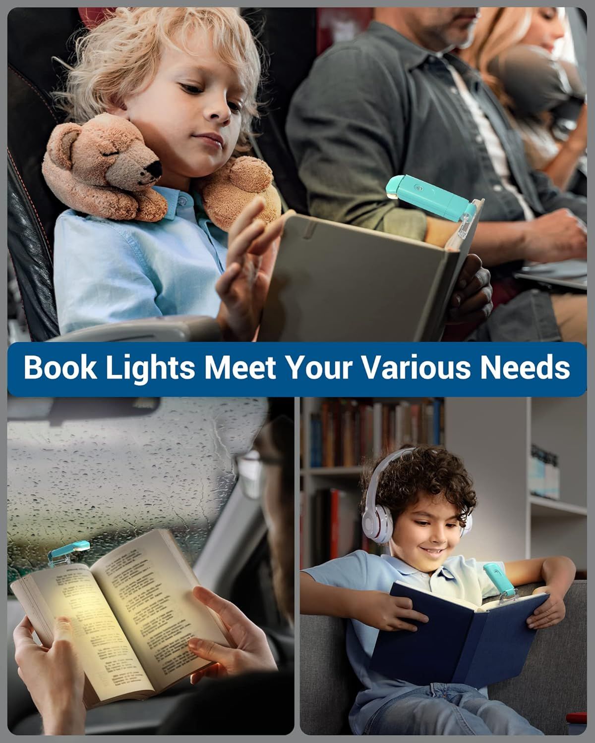Demonstrates the versatility of the book light by showing it can be used in multiple real-world scenarios—during travel, at home, in different lighting conditions—to reassure shoppers it meets…