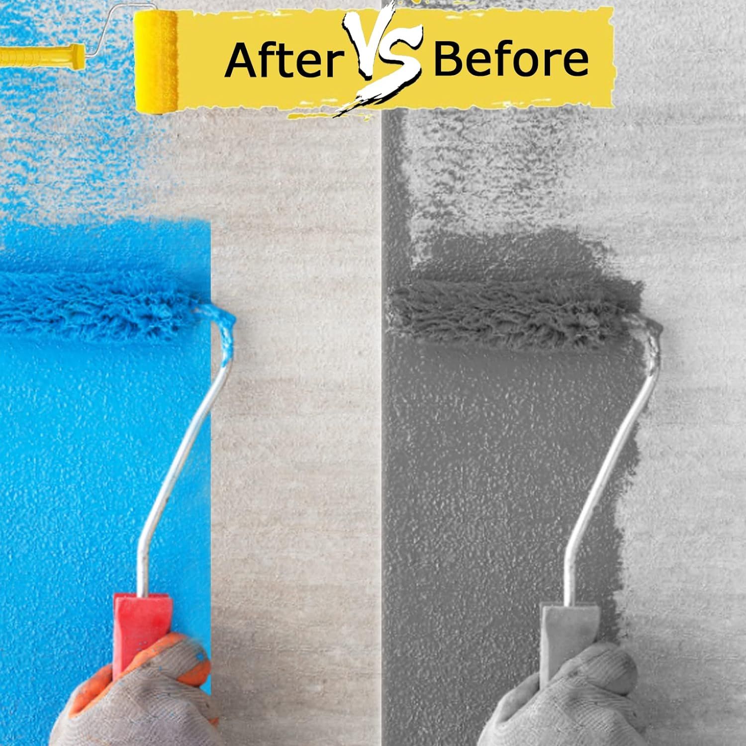 Demonstrates the dramatic transformation and effectiveness of the paint product by showing a vibrant blue painted wall (After) compared to the unpainted gray wall (Before).