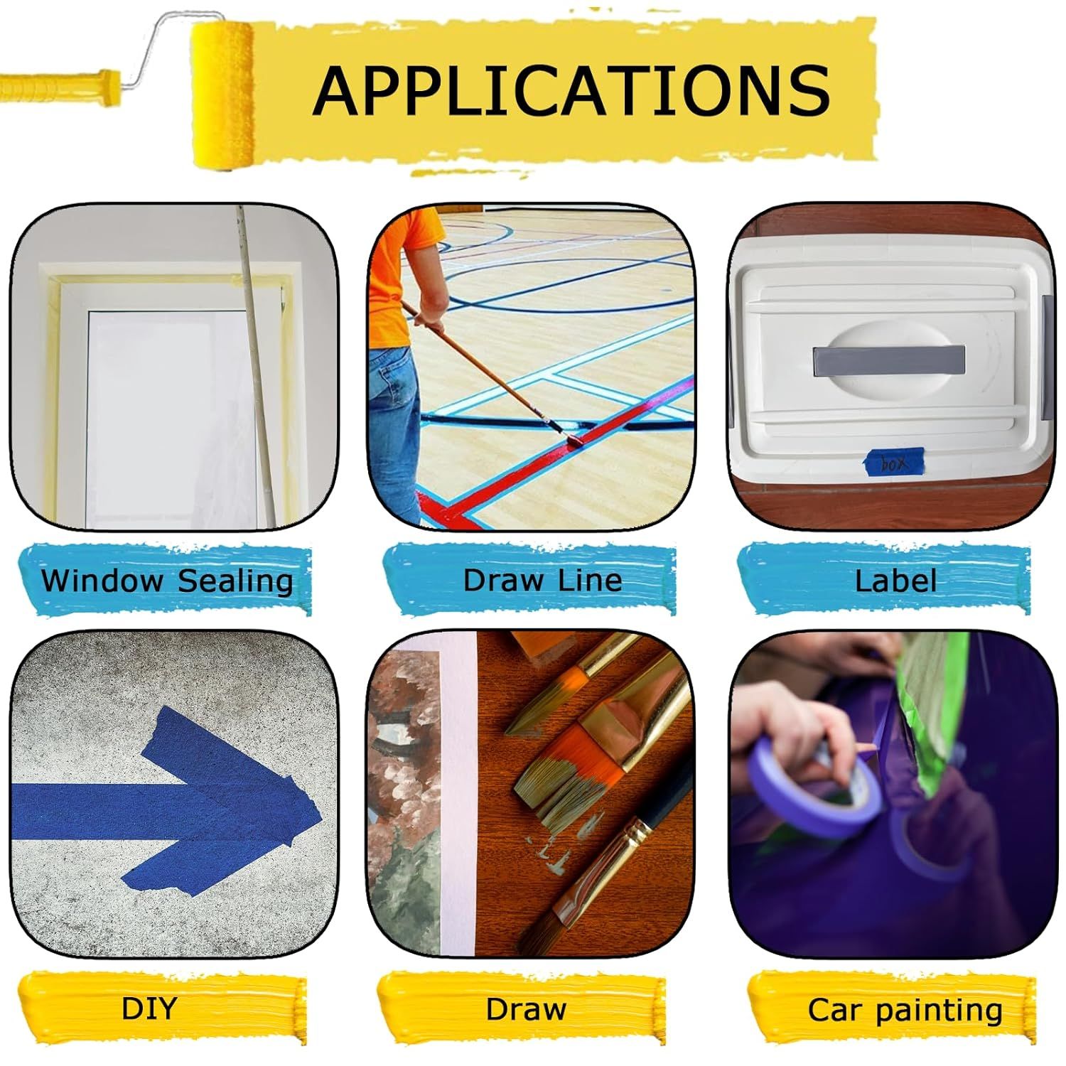 Demonstrates the versatility of the product by showing six different use cases across home improvement, sports, labeling, crafts, painting, and automotive applications to help shoppers understand…