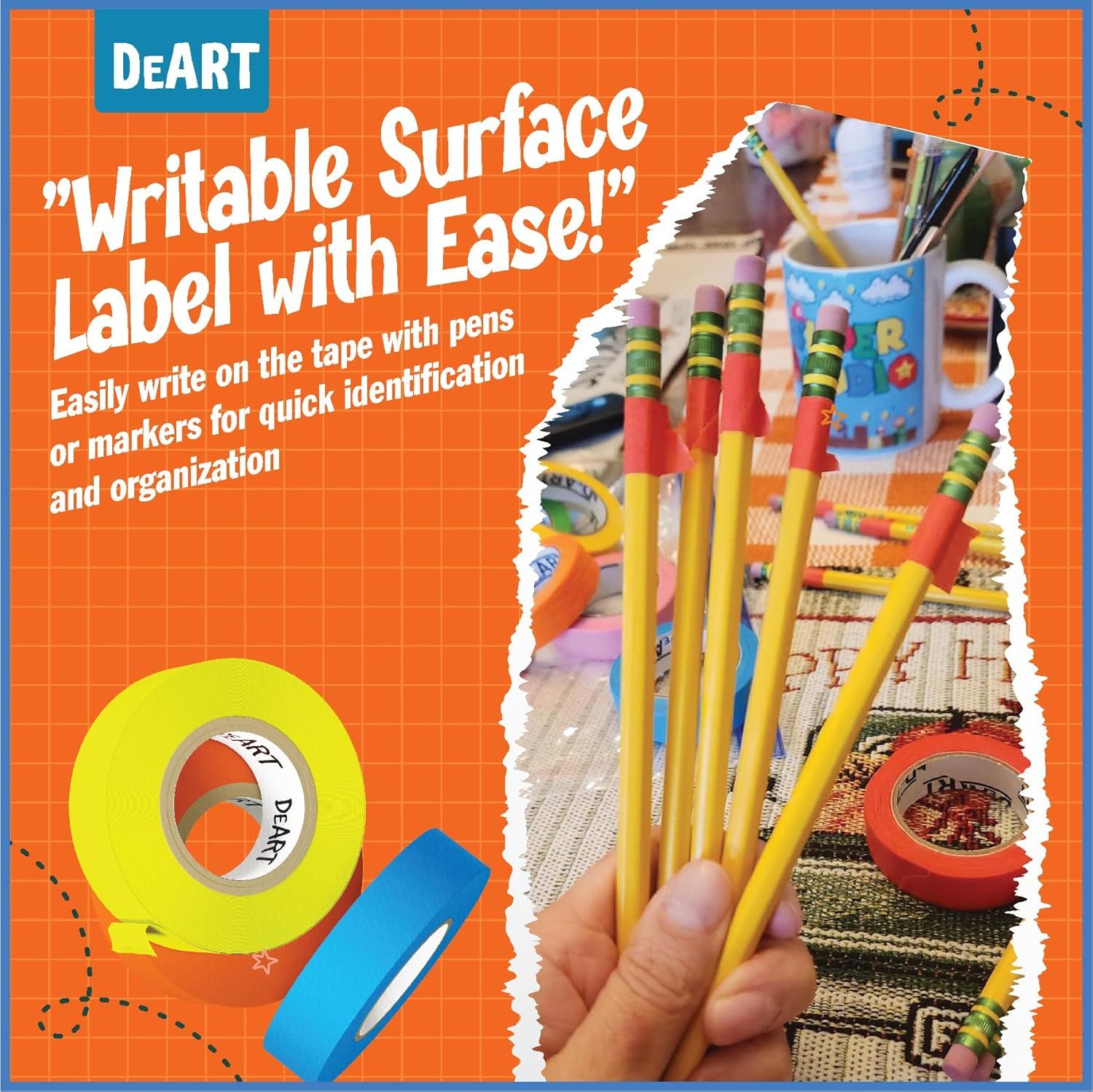 Highlights the tape's writable surface feature, reassuring shoppers that they can easily label and organize items with pens or markers for quick identification.