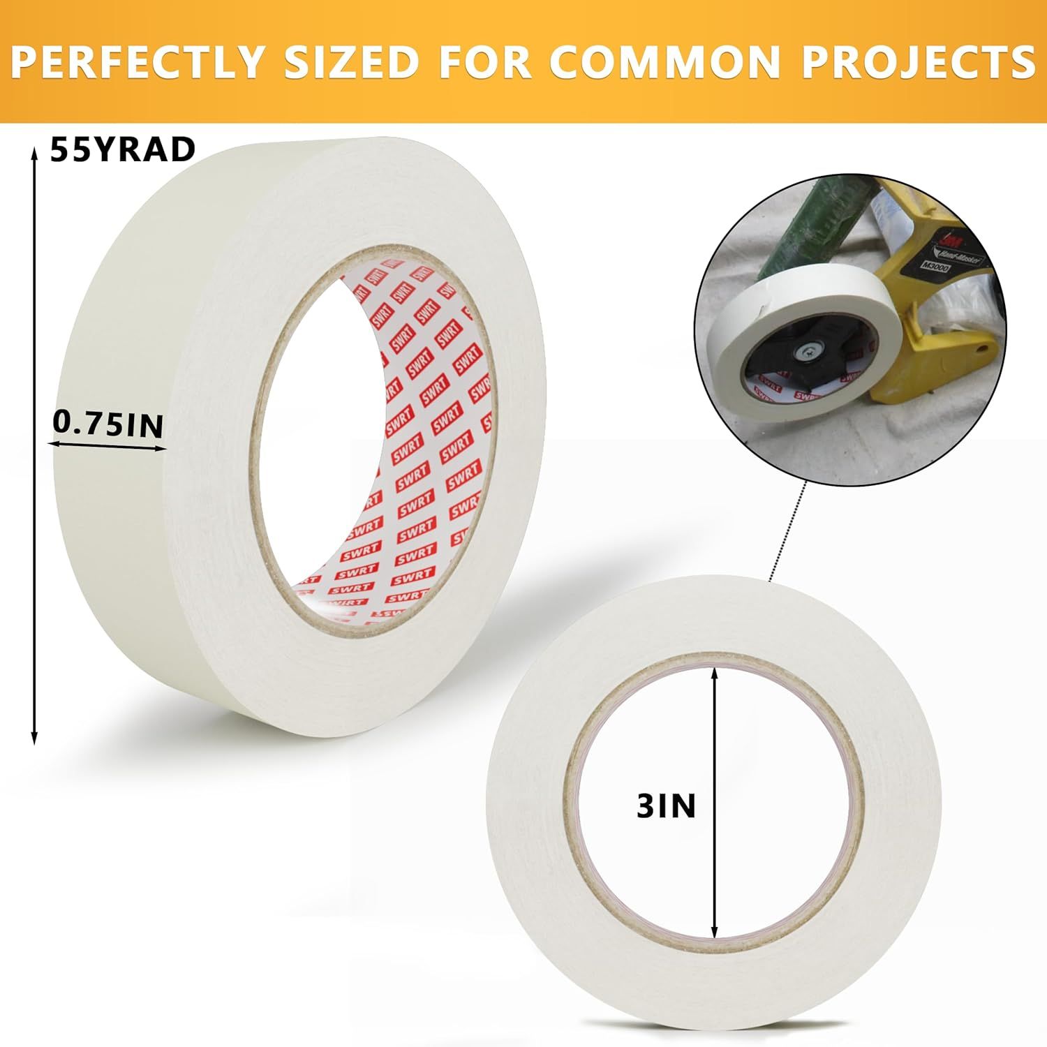 Communicates the exact physical dimensions of the tape roll (55 yards length, 0.75 inch width, 3 inch core diameter) to help shoppers understand the product size and ensure it fits their project…