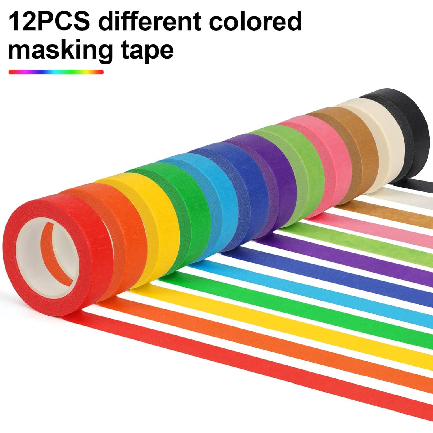 Shows the complete set of 12 different colored masking tape rolls included in the purchase, helping shoppers understand the variety and quantity they will receive.