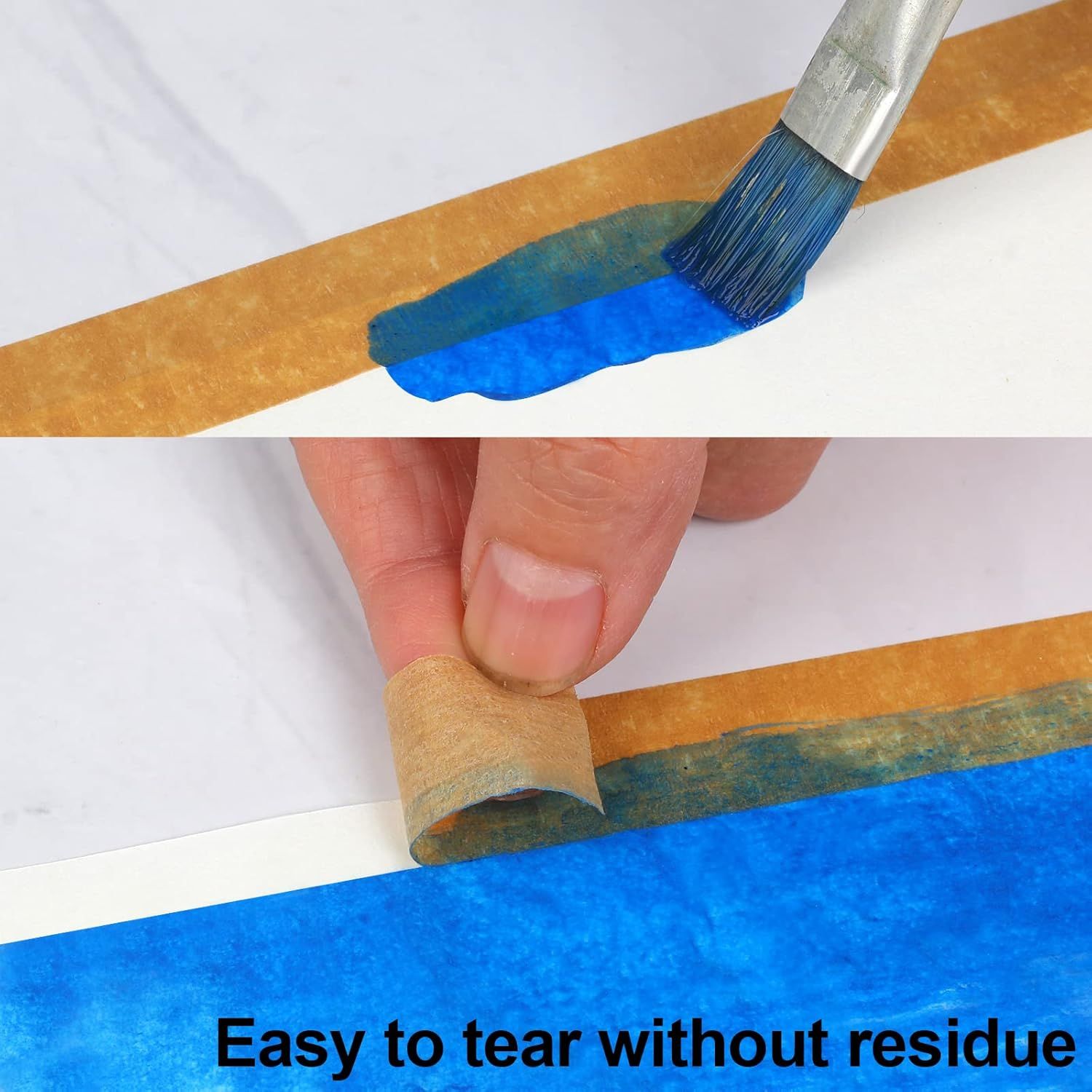 Demonstrates that the tape can be easily removed by hand without leaving sticky residue behind, reassuring shoppers about hassle-free cleanup.