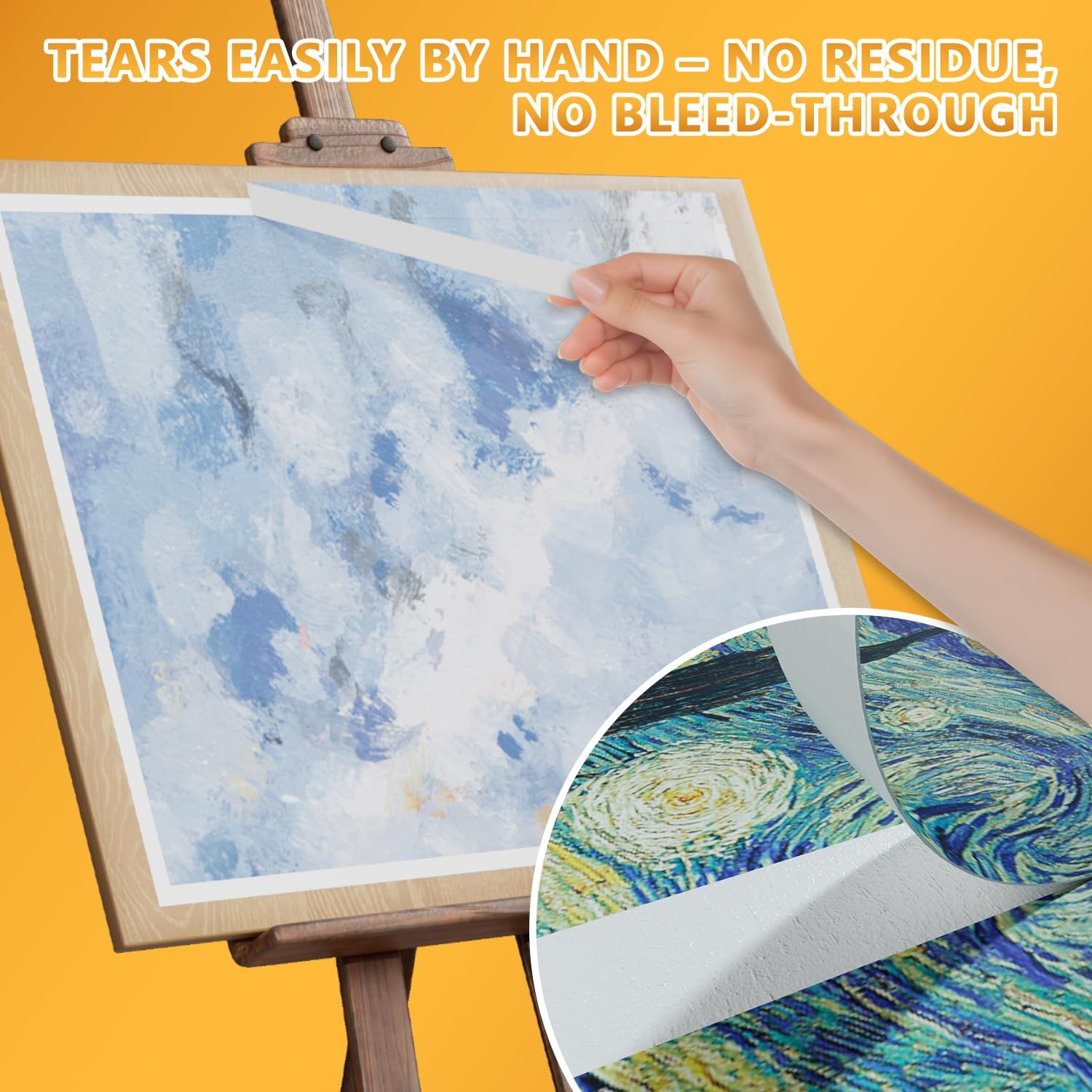 Demonstrates that the product (likely a protective film or paper) tears easily by hand and leaves no residue or bleed-through, reassuring artists and crafters of clean, hassle-free use.