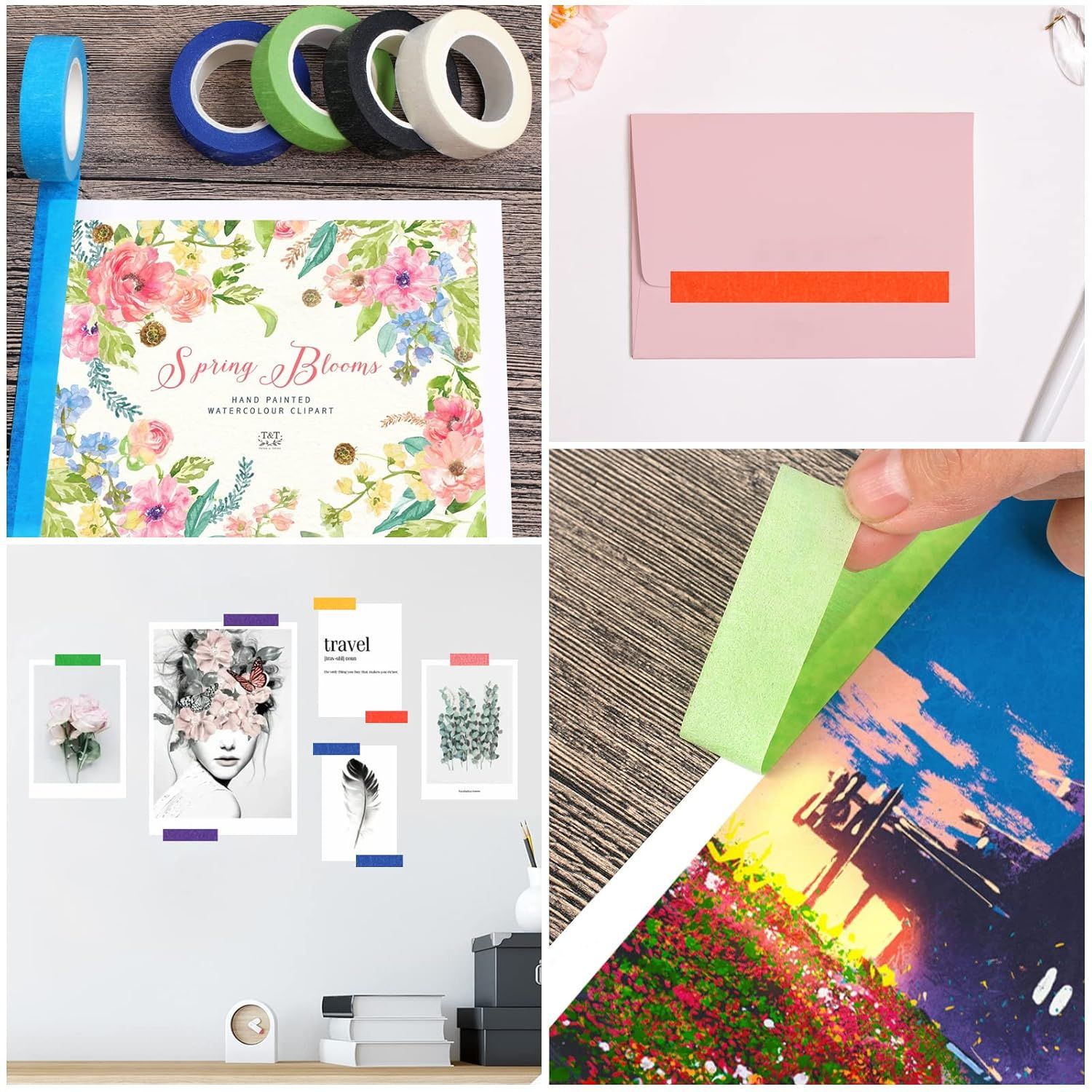 Demonstrates the versatility of the tape product by showing multiple creative applications including scrapbooking, card making, and photo decoration to help shoppers visualize different ways they…