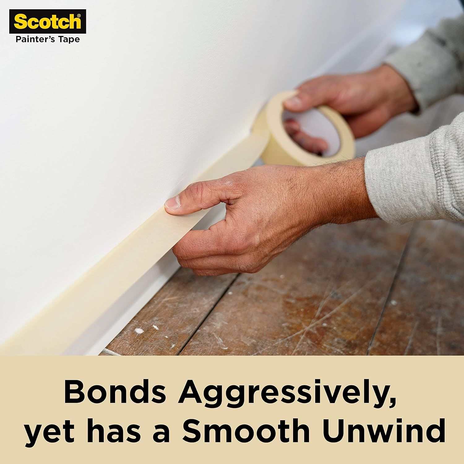 Communicates that the painter's tape provides both aggressive bonding for secure application and smooth, easy unwinding for user convenience during painting projects.