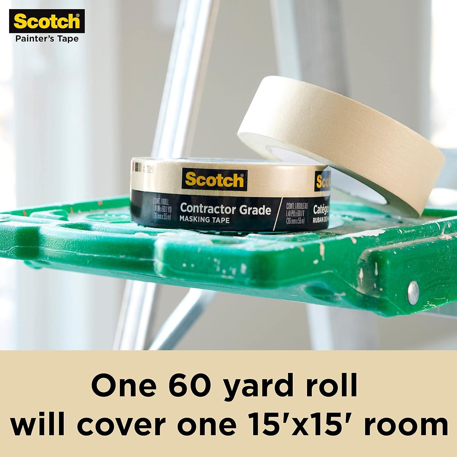 Communicates the product's coverage capacity by stating that one 60-yard roll can cover a 15'x15' room, helping shoppers understand how much tape they need for their painting project. Highlights the…