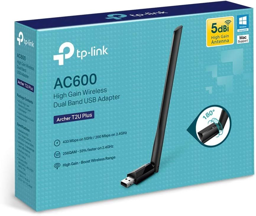 Communicates multiple technical benefits of the wireless adapter including dual-band speeds, enhanced 2.4GHz performance, extended range via high-gain antenna, and flexible antenna positioning to…
