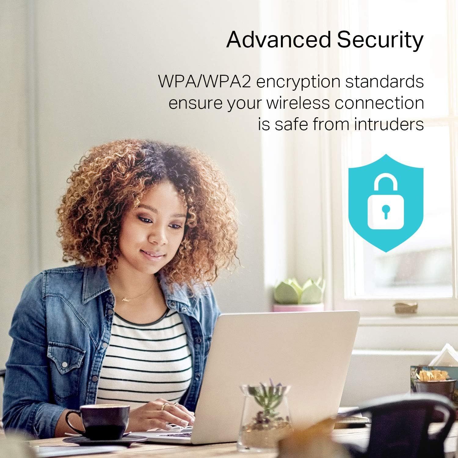 Reassures shoppers that the product provides advanced security through WPA/WPA2 encryption standards, protecting their wireless connection from unauthorized access and intruders.