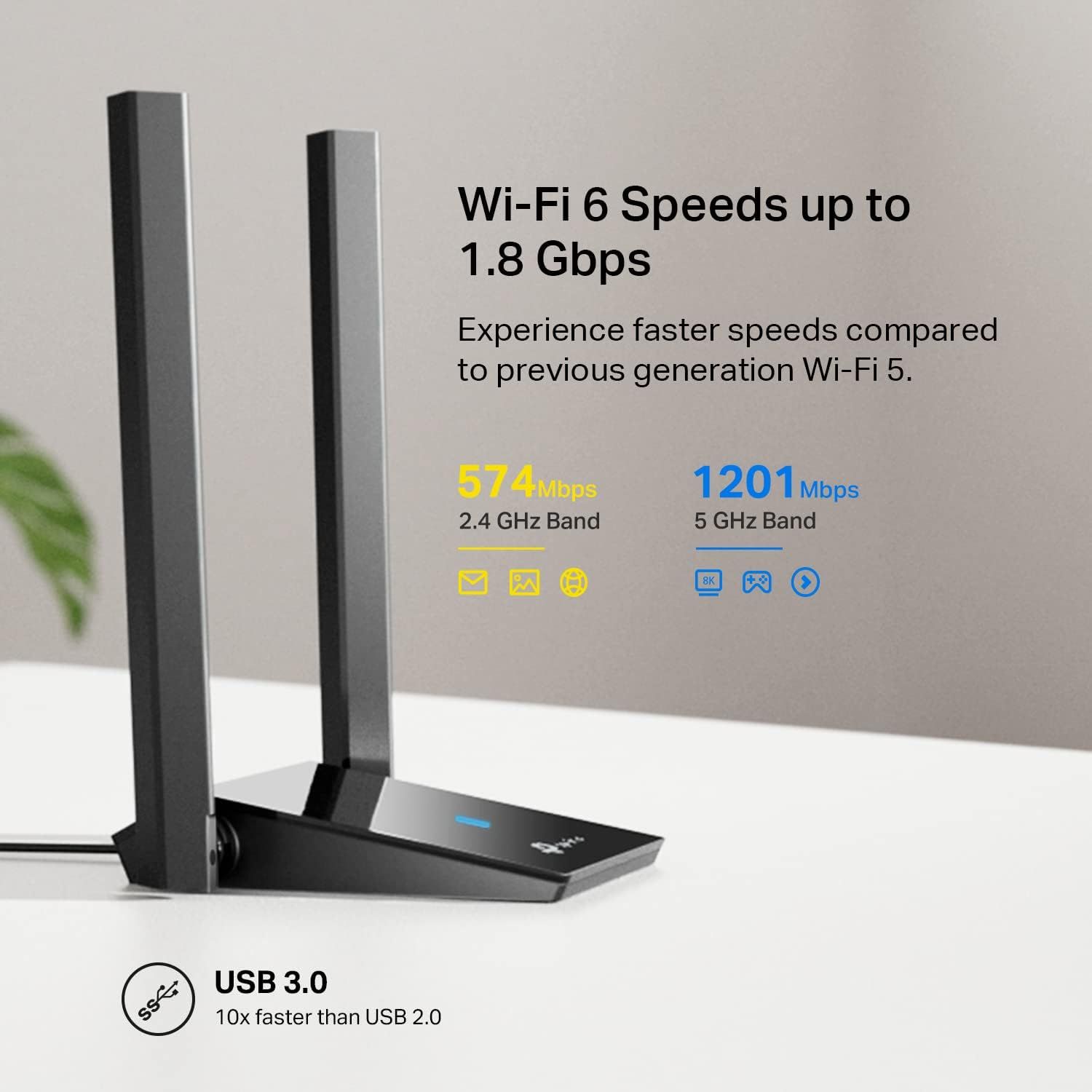 Communicates multiple technical benefits of the router including Wi-Fi 6 speeds up to 1.8 Gbps, dual-band performance (574 Mbps on 2.4 GHz and 1201 Mbps on 5…