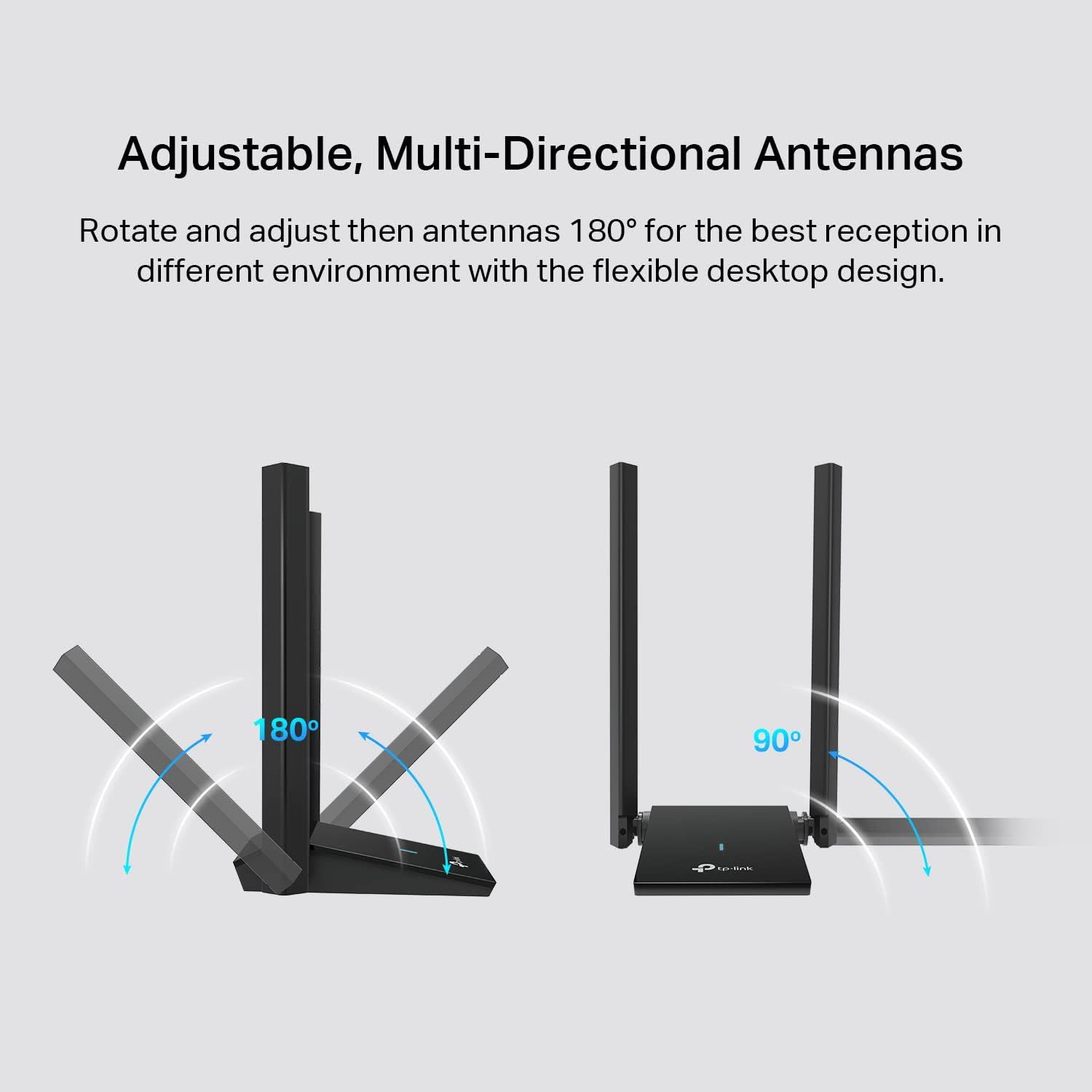 Communicates that the antennas can be rotated and adjusted 180 degrees for optimal reception in different environments, emphasizing flexibility and…
