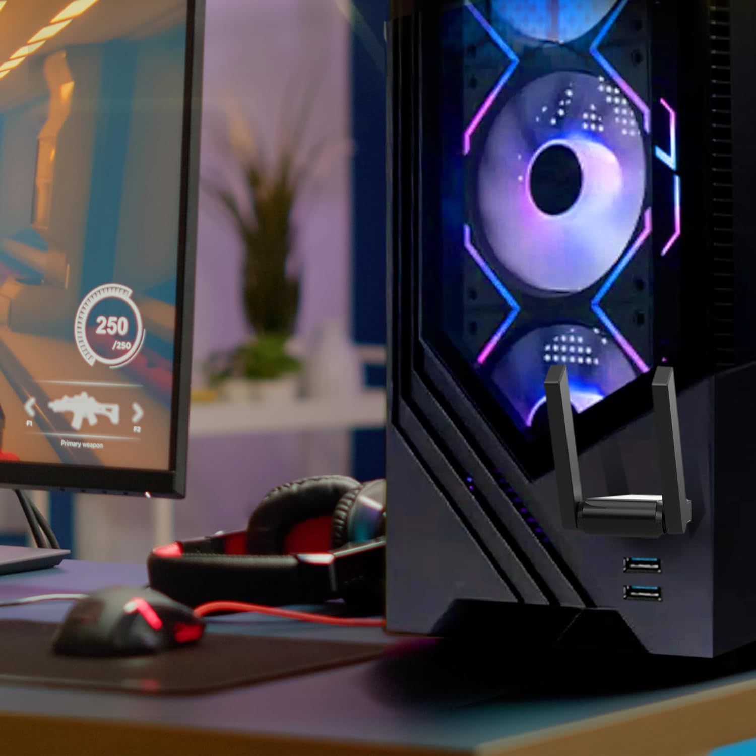 Showcases the product in a real-world gaming environment to help shoppers visualize how it fits into their lifestyle and gaming space.