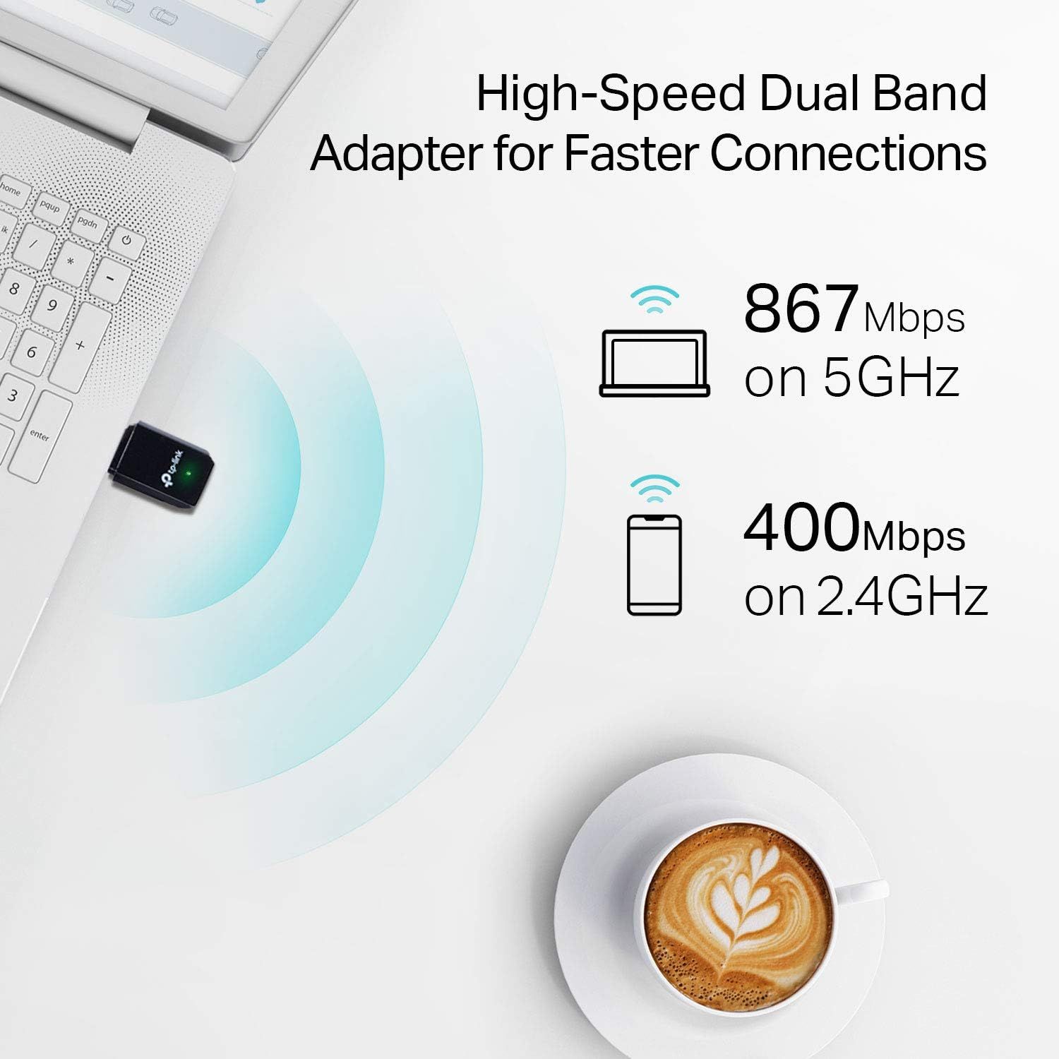 Communicates the adapter's dual-band speed capabilities with specific performance metrics to demonstrate fast wireless connectivity for both laptop and mobile…