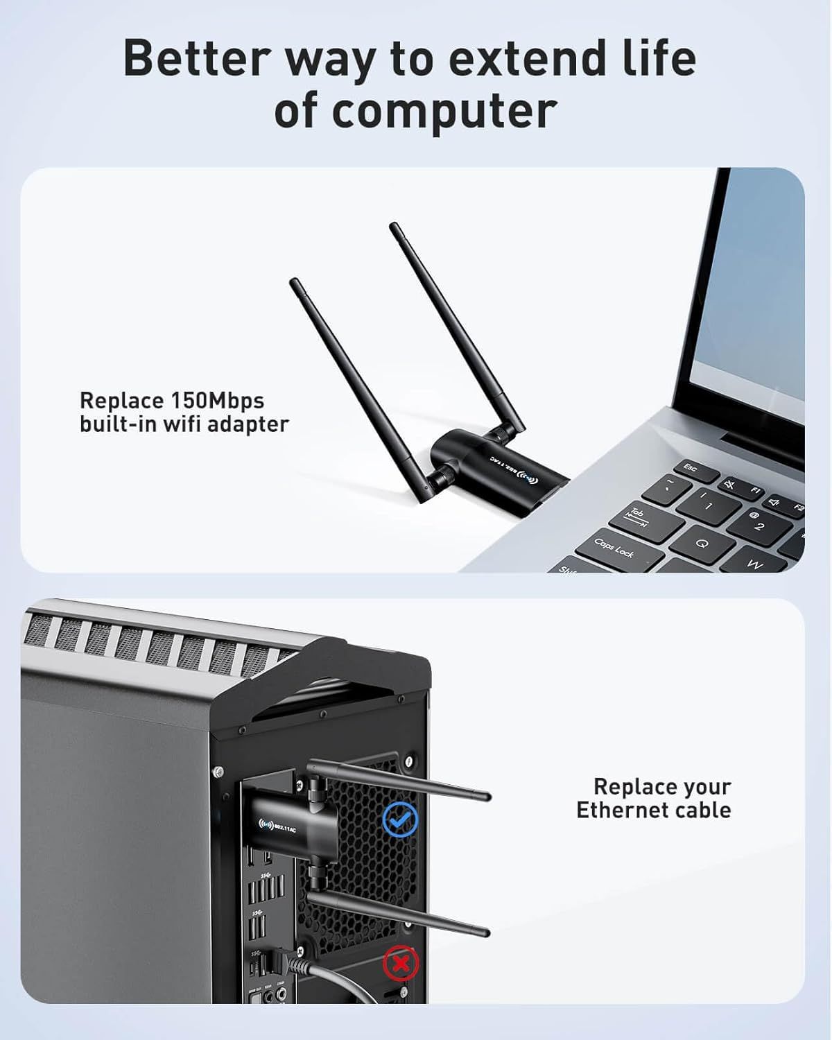 Demonstrates two distinct applications for the WiFi adapter: replacing a built-in 150Mbps WiFi adapter in laptops and replacing Ethernet cables in desktop…