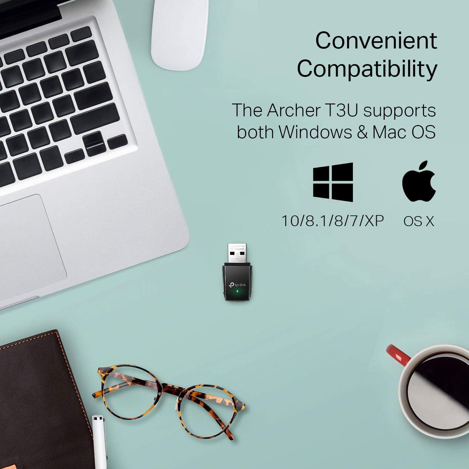 Communicates that the Archer T3U USB adapter works with both Windows and Mac operating systems, reassuring shoppers of broad compatibility across multiple…