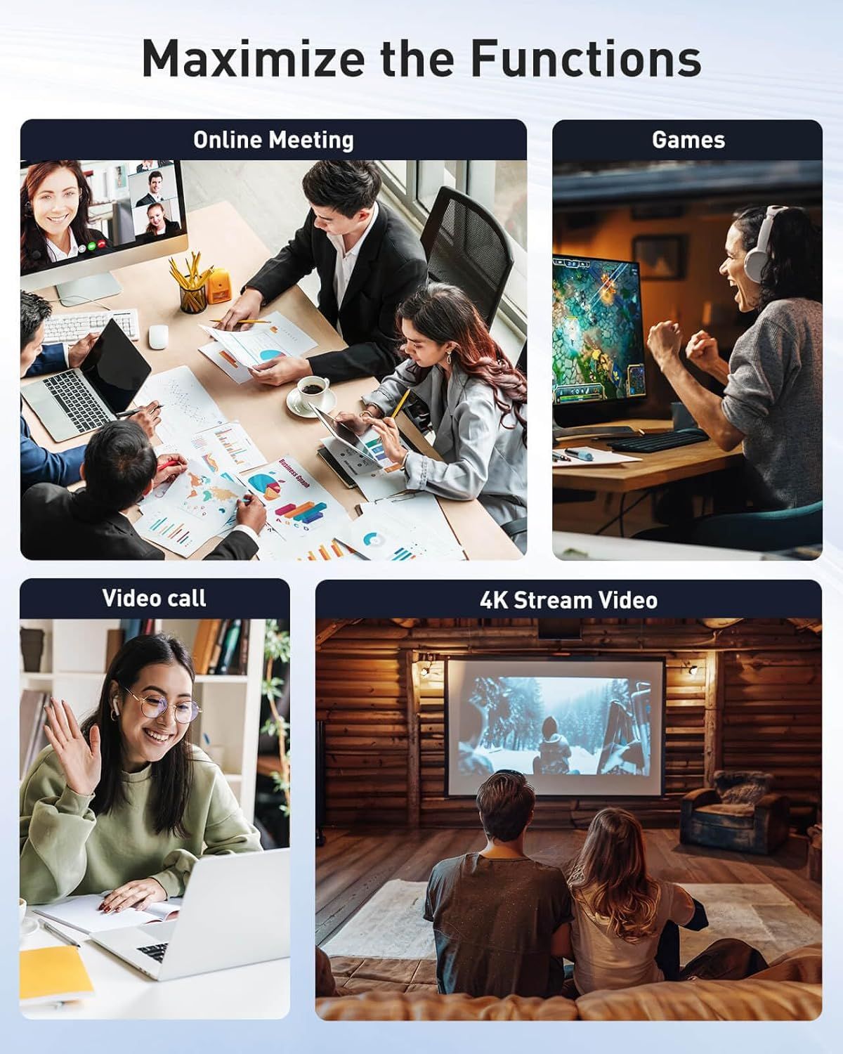 Demonstrates the product's versatility by showing multiple use cases including online meetings, gaming, video calls, and 4K video streaming to communicate…
