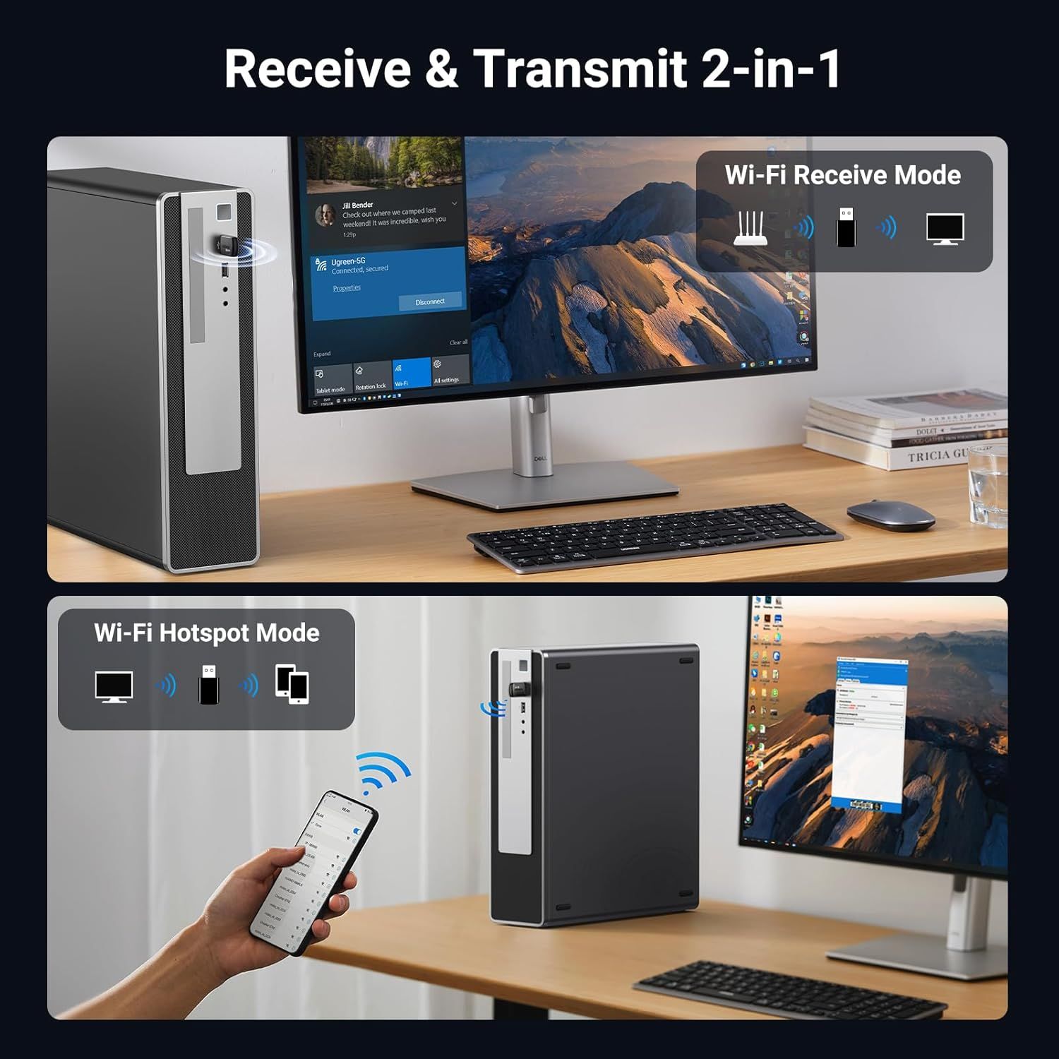 Demonstrates the product's dual functionality by showing two distinct use cases: receiving Wi-Fi signals to connect devices and creating a hotspot to share…