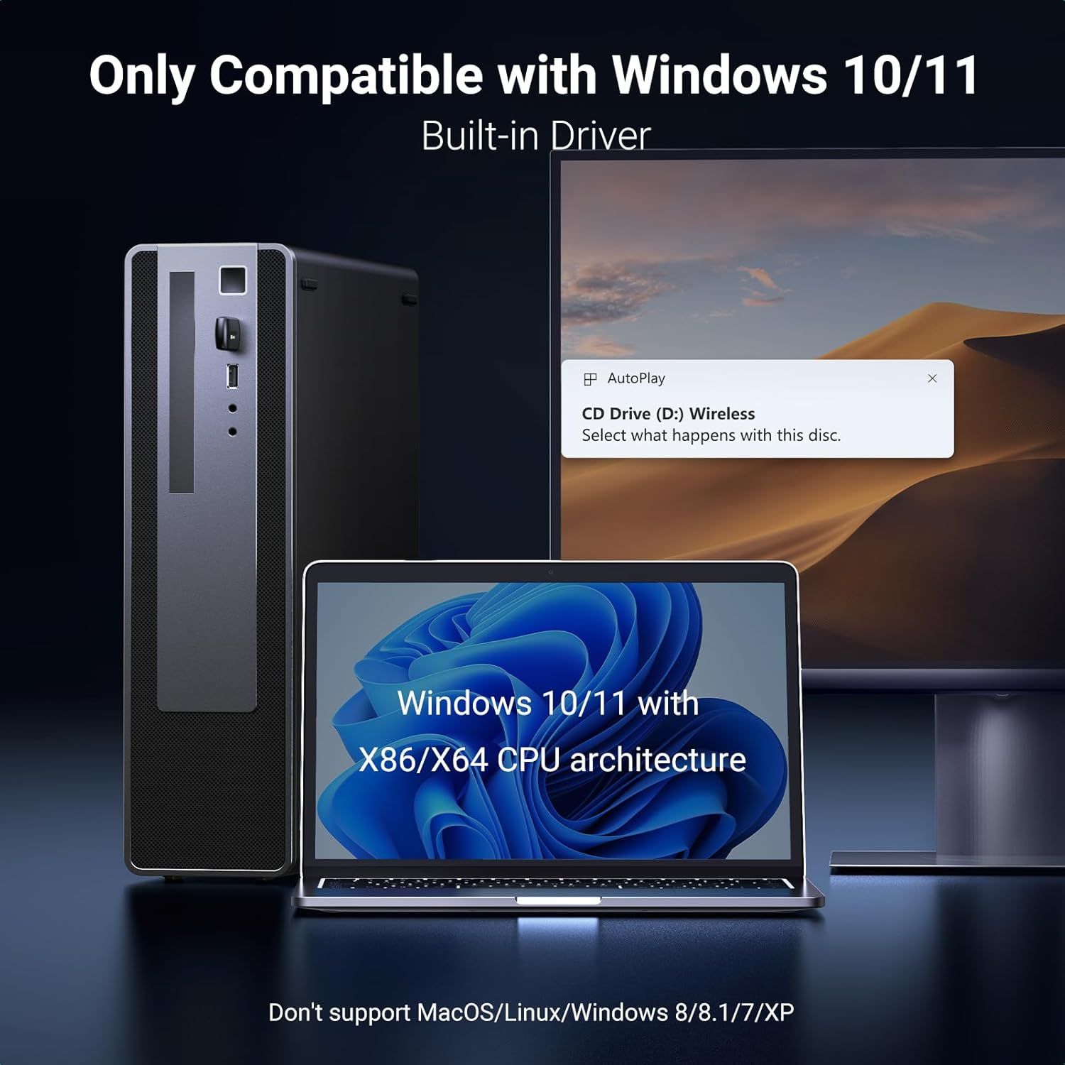 Communicates the product's system compatibility requirements, showing it works with Windows 10/11 and specific CPU architectures, while clarifying it doesn't…