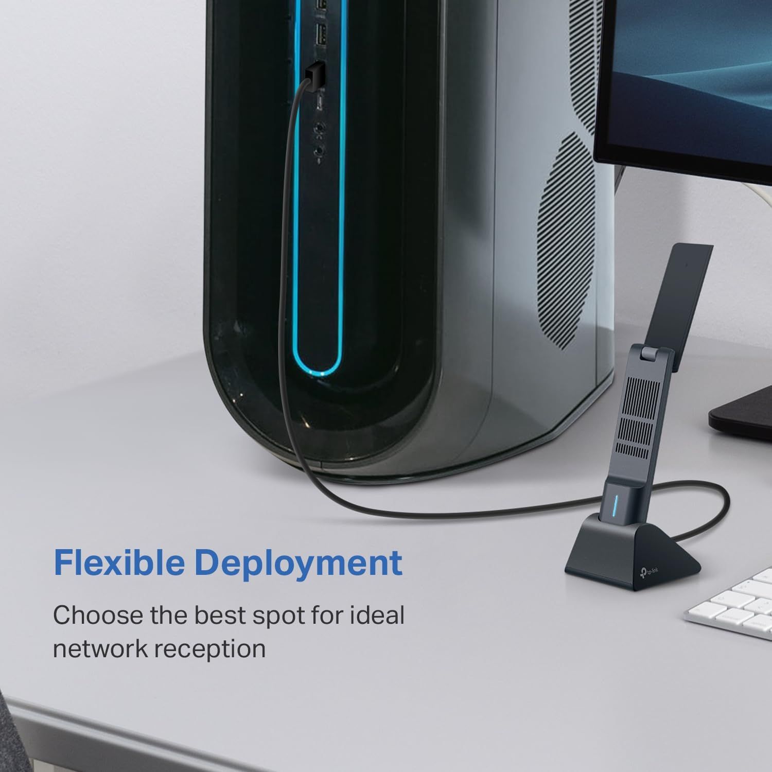 Communicates that the product (a network adapter or receiver) can be positioned flexibly via a long cable to optimize network reception, offering convenience…