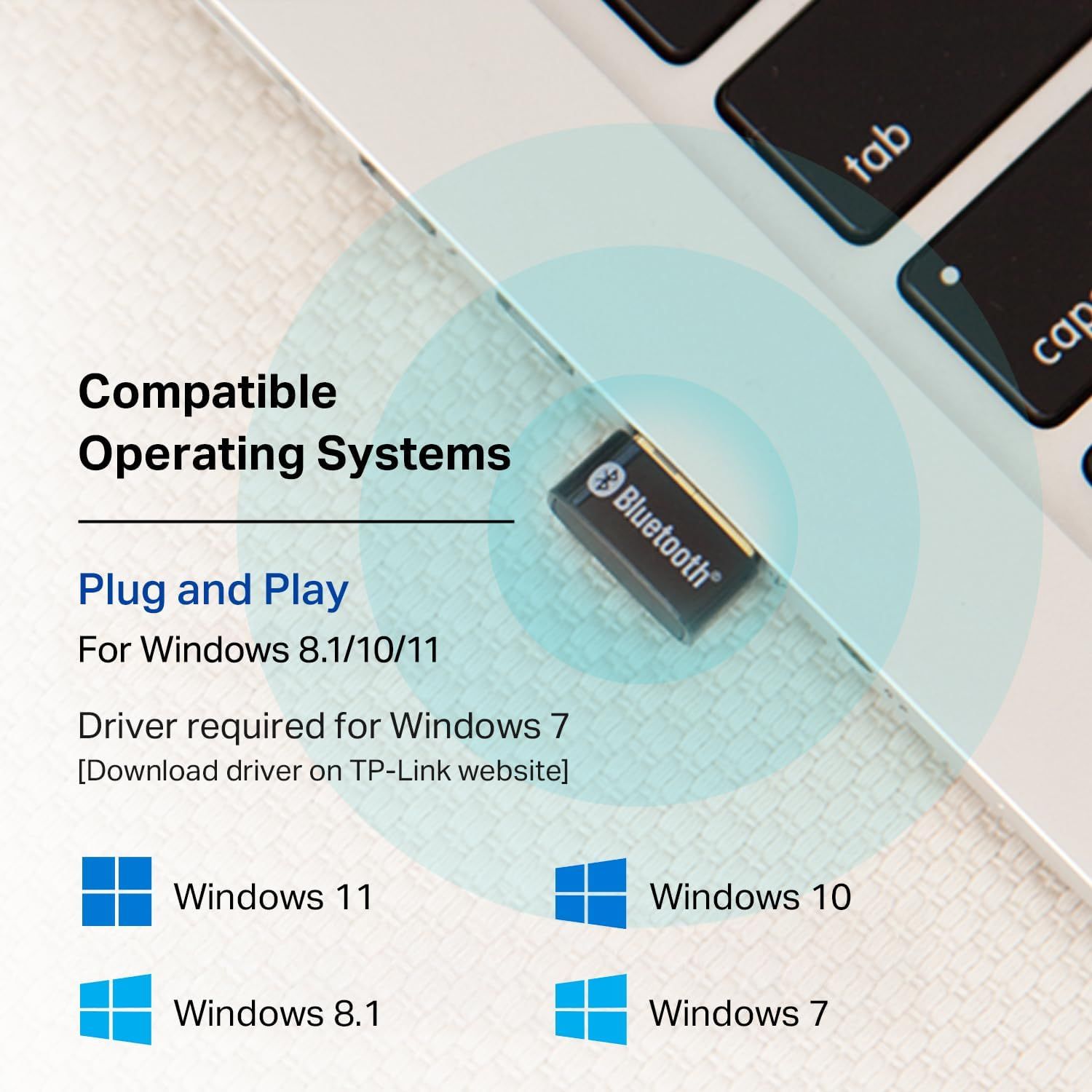 Communicates which Windows operating systems the Bluetooth device is compatible with and reassures shoppers about easy plug-and-play setup for most versions.