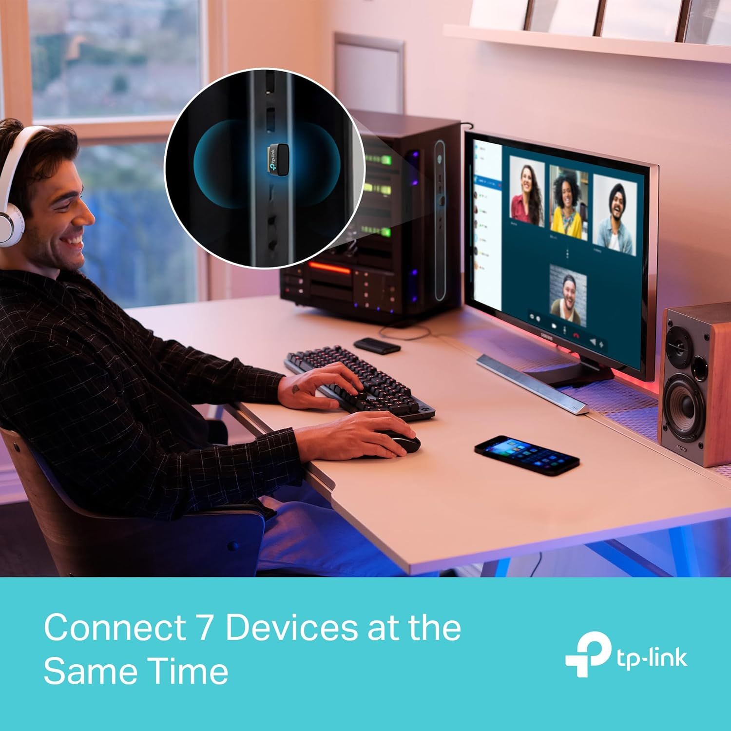 Communicates the product's ability to connect up to 7 devices simultaneously, reassuring shoppers about its versatility and capacity for multi-device…