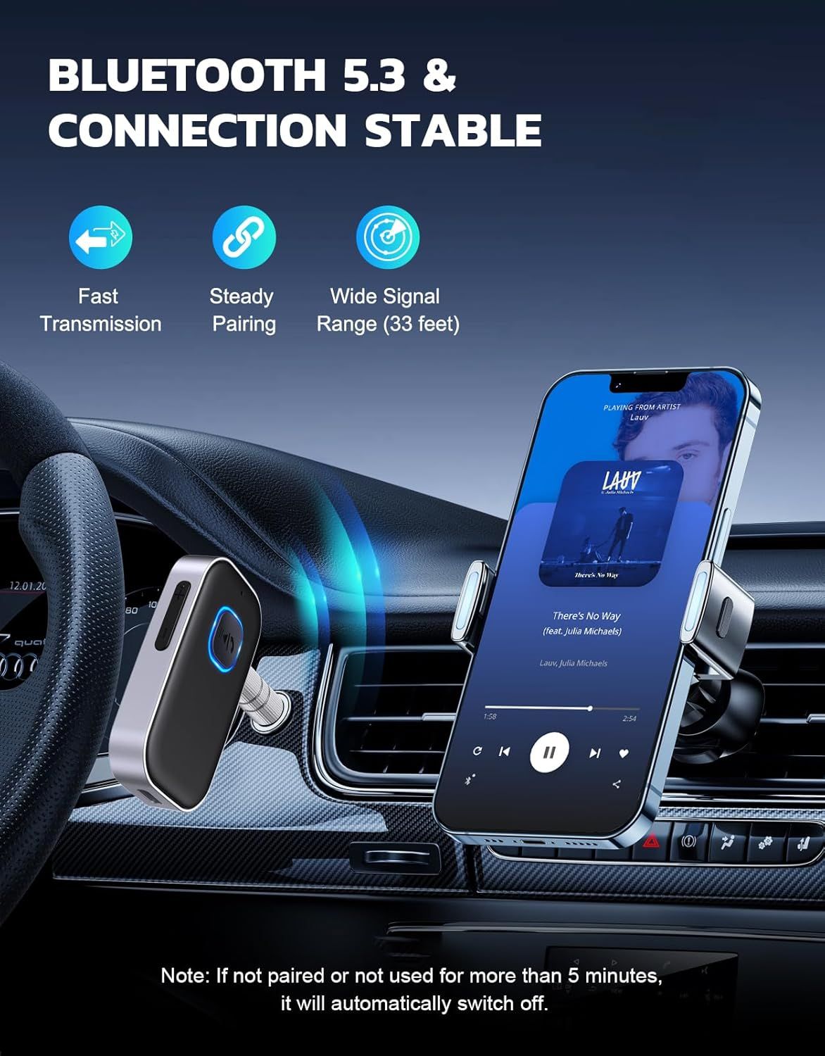 Communicates multiple technical benefits of the Bluetooth connectivity in a segmented layout with icons, reassuring shoppers of reliable, fast, and stable…