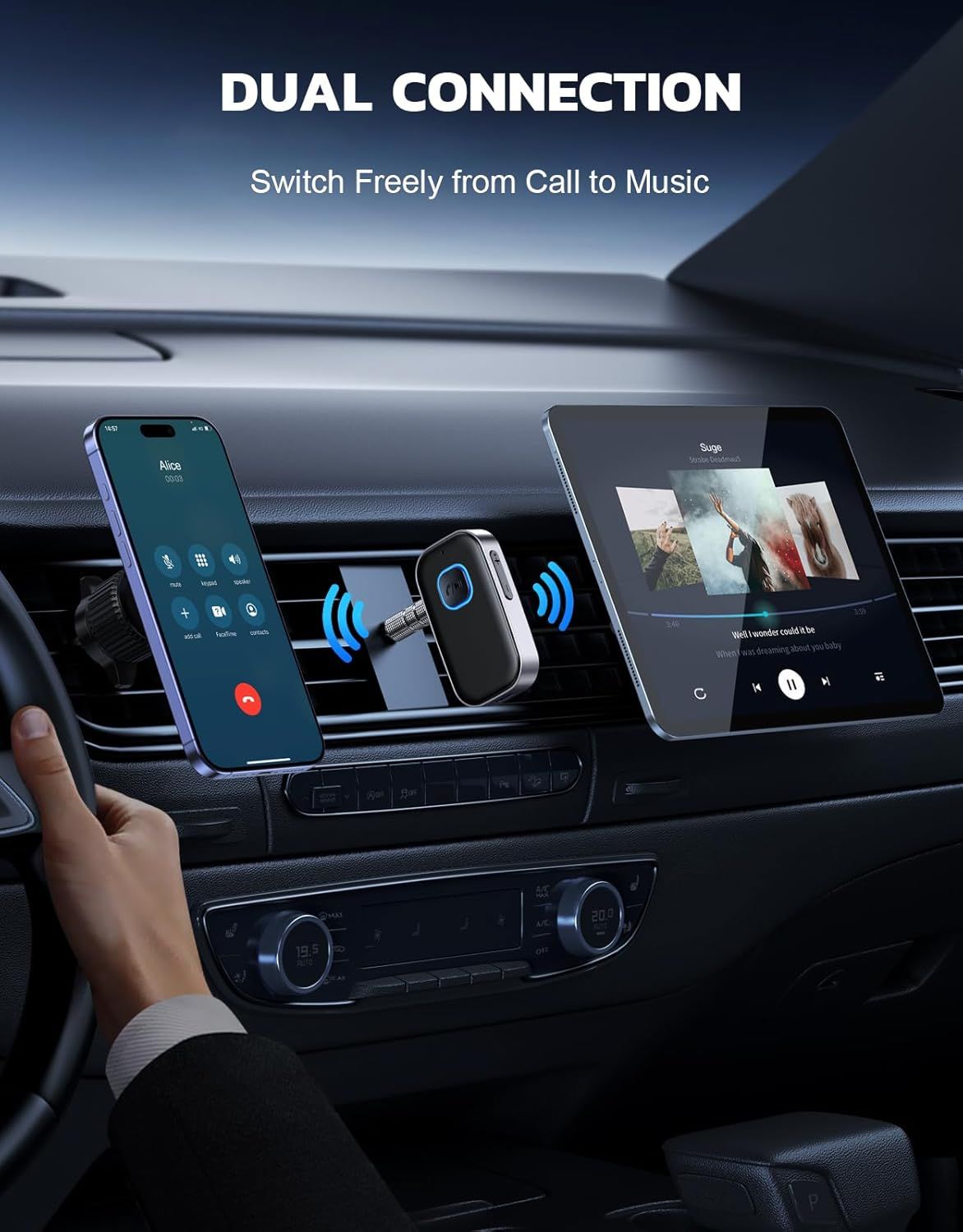 Demonstrates the product's ability to connect two devices simultaneously and switch seamlessly between phone calls and music playback, emphasizing convenience…