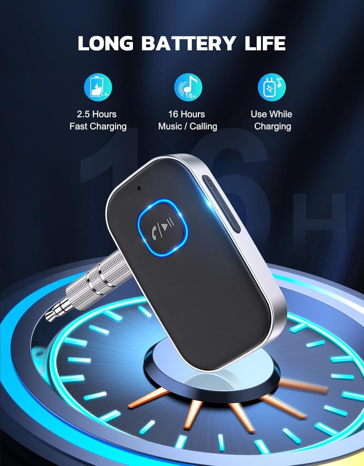 Communicates the product's battery performance with specific time-based metrics to reassure shoppers about long usage time and quick charging capability.…