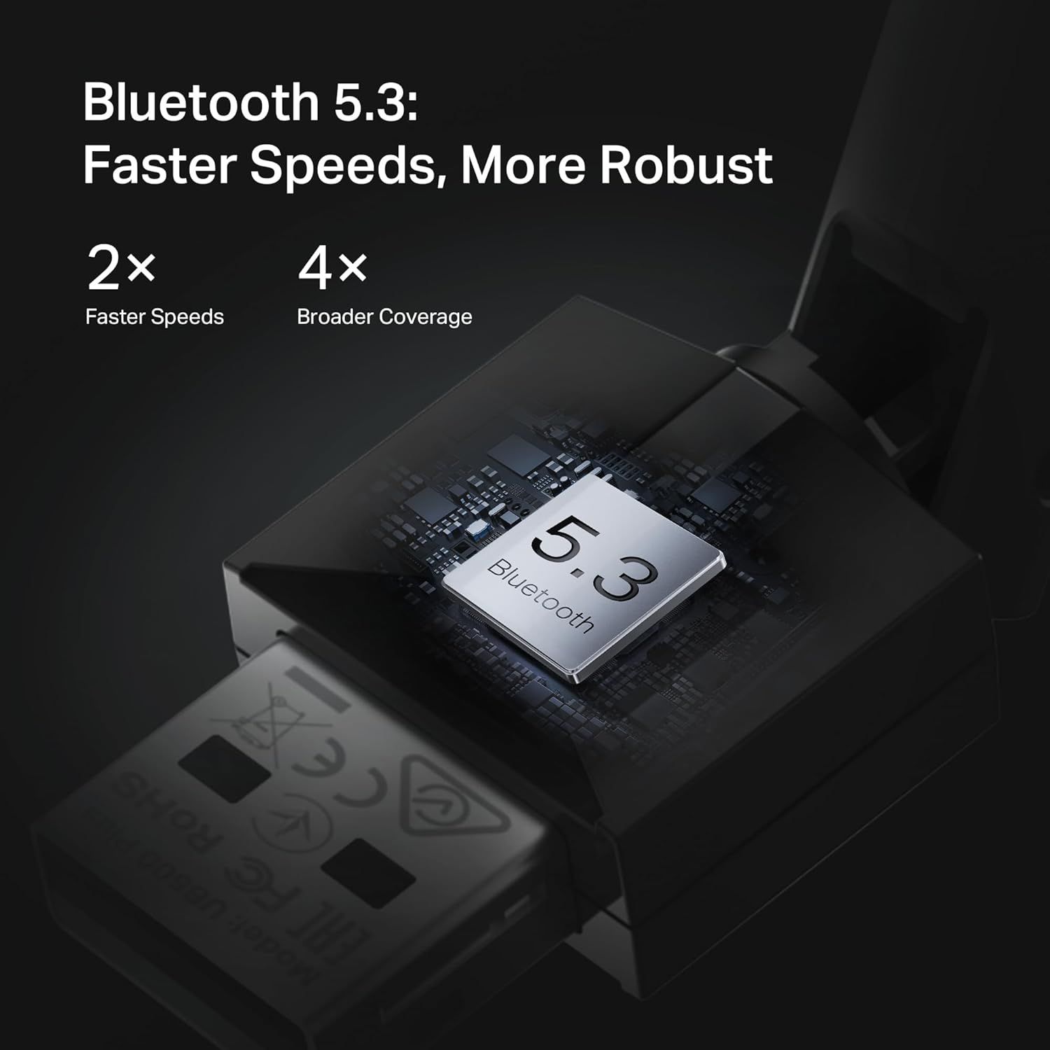 Communicates the technical superiority of Bluetooth 5.3 by highlighting multiple performance benefits: faster connection speeds and broader coverage range to…