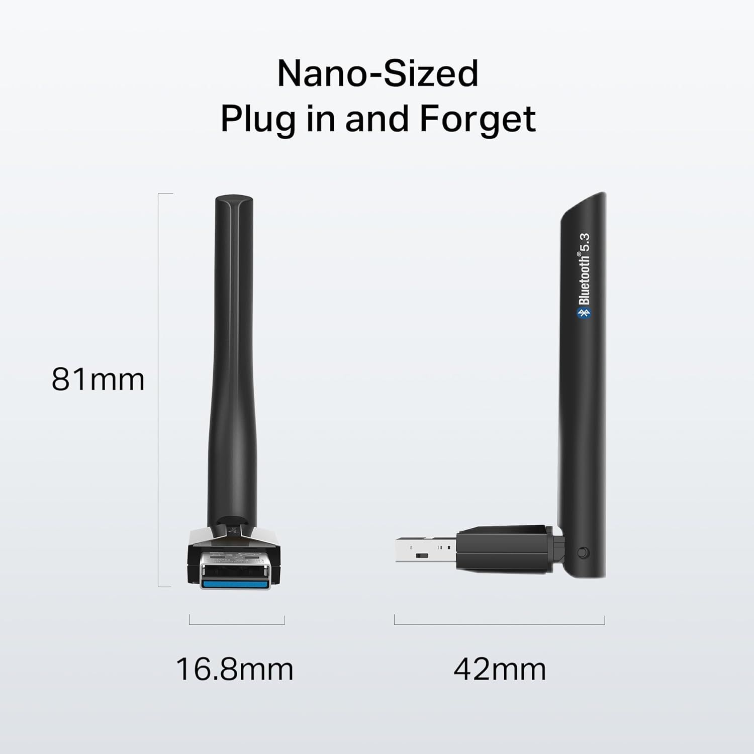 Communicates the product's ultra-compact physical dimensions (81mm height, 16.8mm and 42mm width) to reassure shoppers that it's small, portable, and…