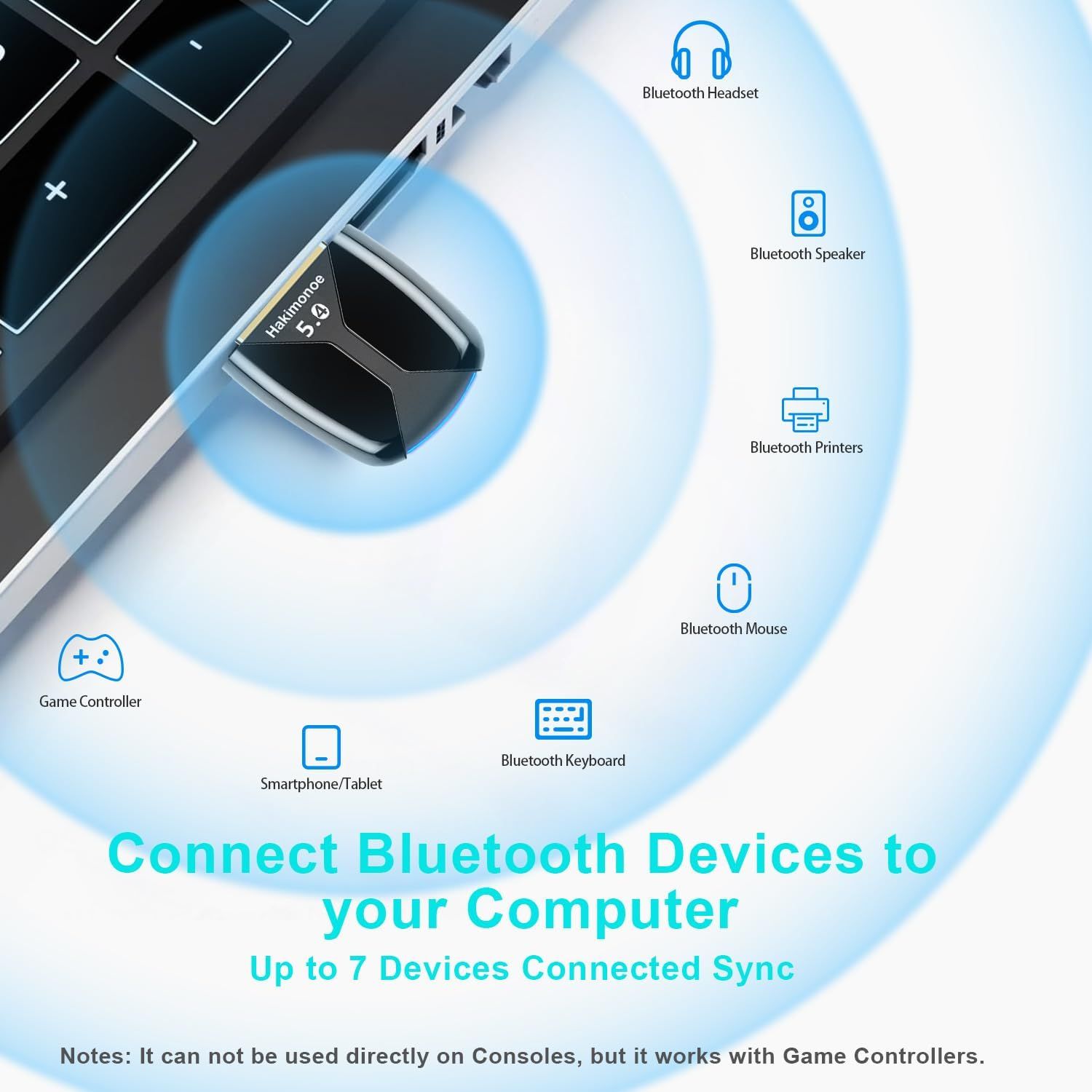 Demonstrates the multiple types of devices that can connect to the product via Bluetooth, reassuring shoppers of its versatility and broad compatibility…