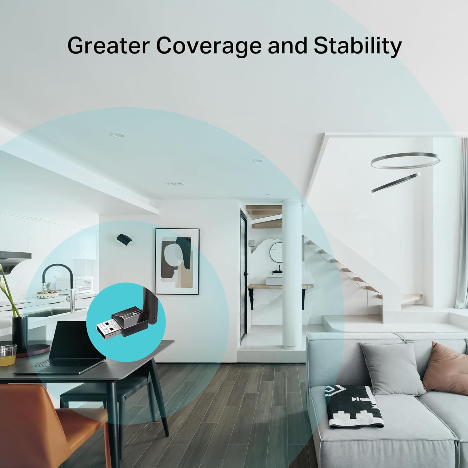 Communicates the product's superior wireless coverage range and connection stability throughout the home, reassuring shoppers of reliable performance across…