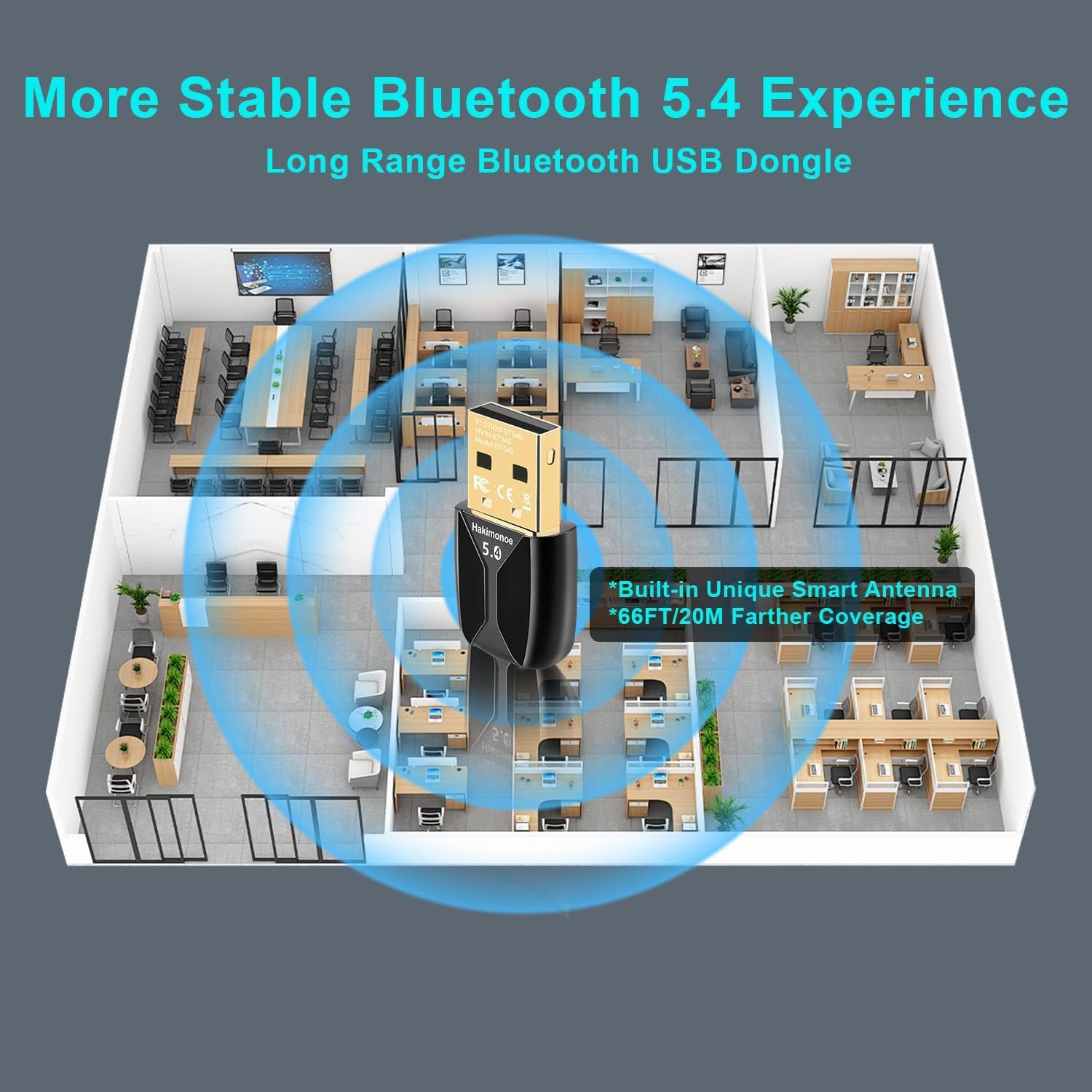 Communicates the extended wireless range capability of 66FT/20M and the advanced Bluetooth 5.4 technology to reassure shoppers of stable, far-reaching…