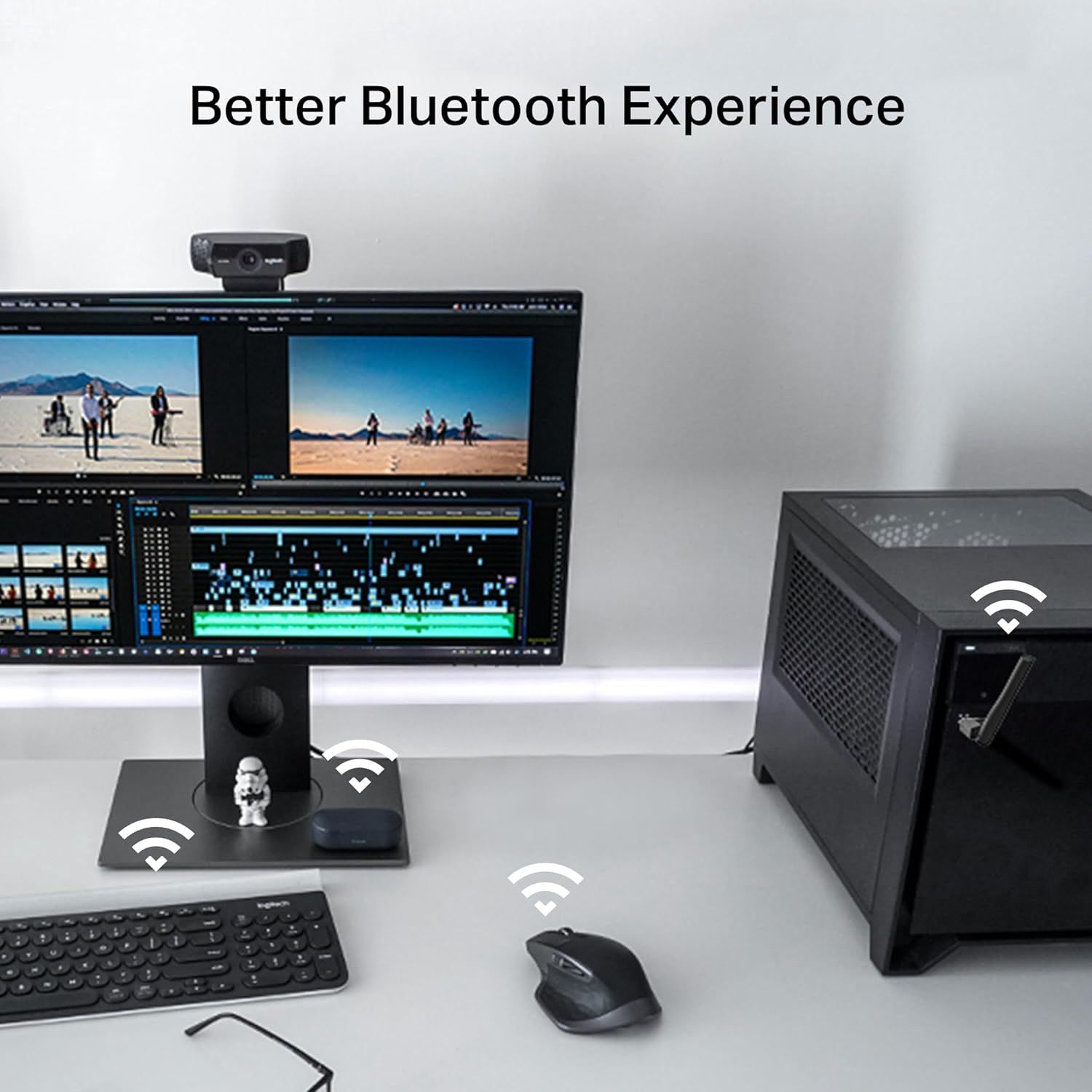 Demonstrates the product's Bluetooth connectivity capability, showing how multiple devices (keyboard, mouse, webcam, and PC) can connect wirelessly for a…