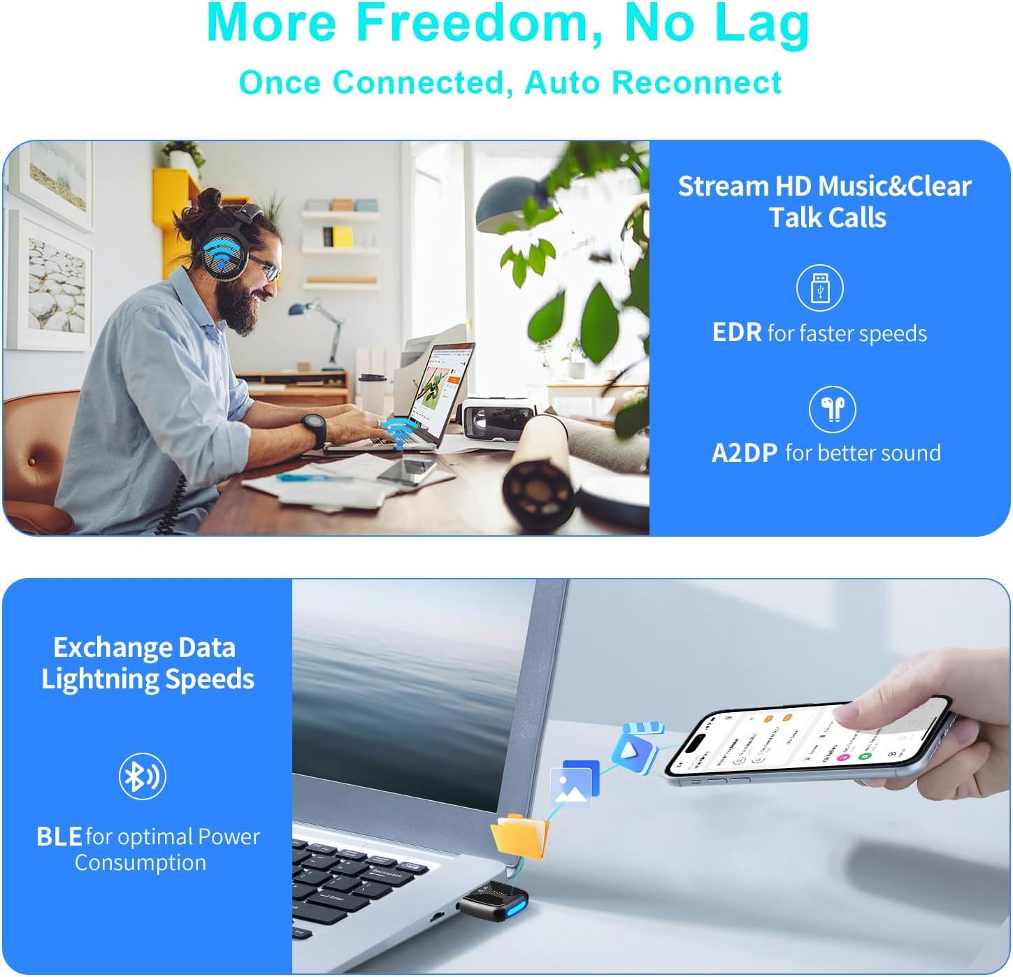 Communicates multiple technical benefits of the Bluetooth product including connectivity stability, audio quality, speed, and power efficiency to reassure…