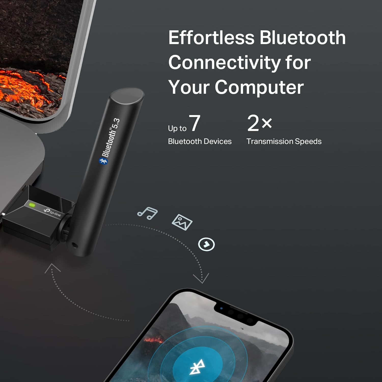 Communicates the product's capability to connect up to 7 Bluetooth devices simultaneously and offers 2x faster transmission speeds, emphasizing performance and convenience for computer users.…