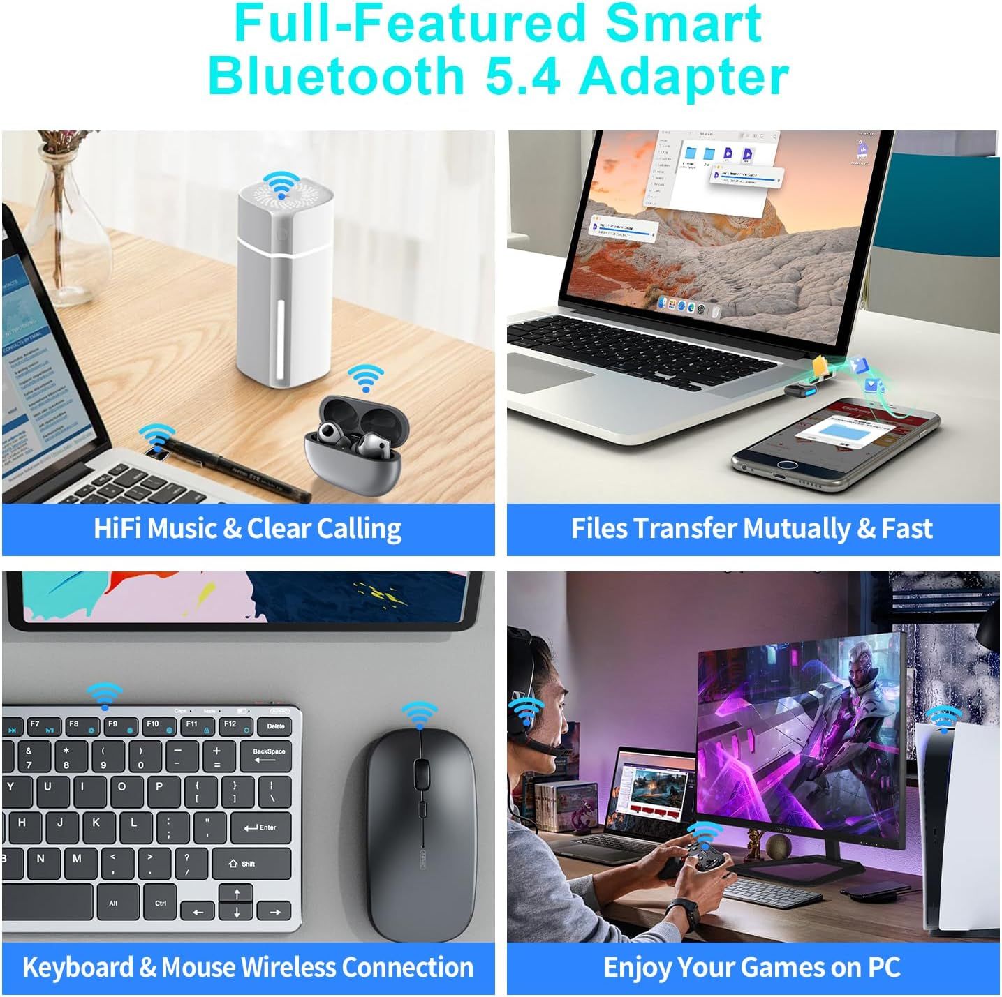 Demonstrates the versatility of the Bluetooth 5.4 adapter by showing four distinct use scenarios—audio streaming, file transfer, wireless peripherals, and…
