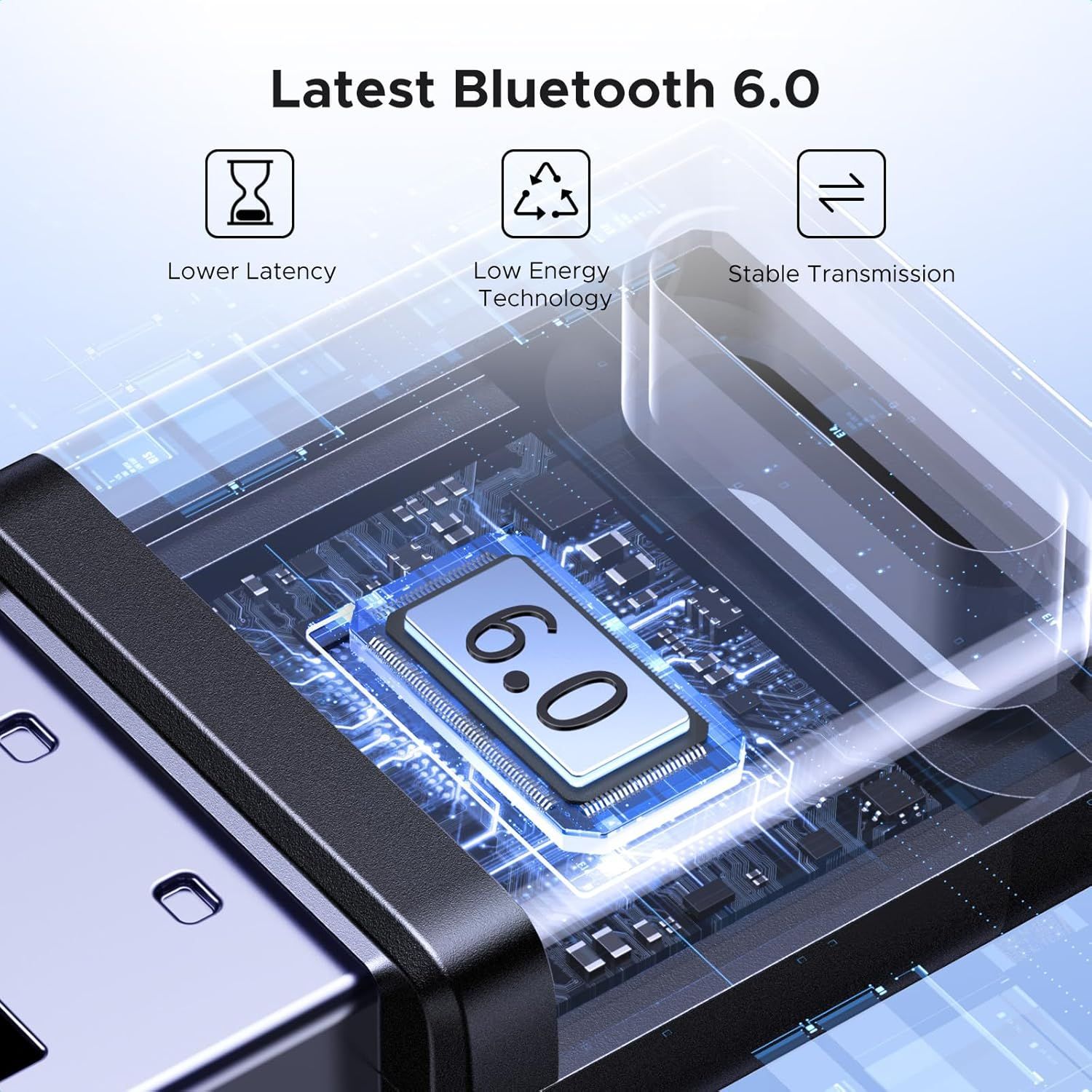 Communicates the advanced Bluetooth 6.0 technology with three distinct technical benefits (lower latency, low energy, stable transmission) to reassure…