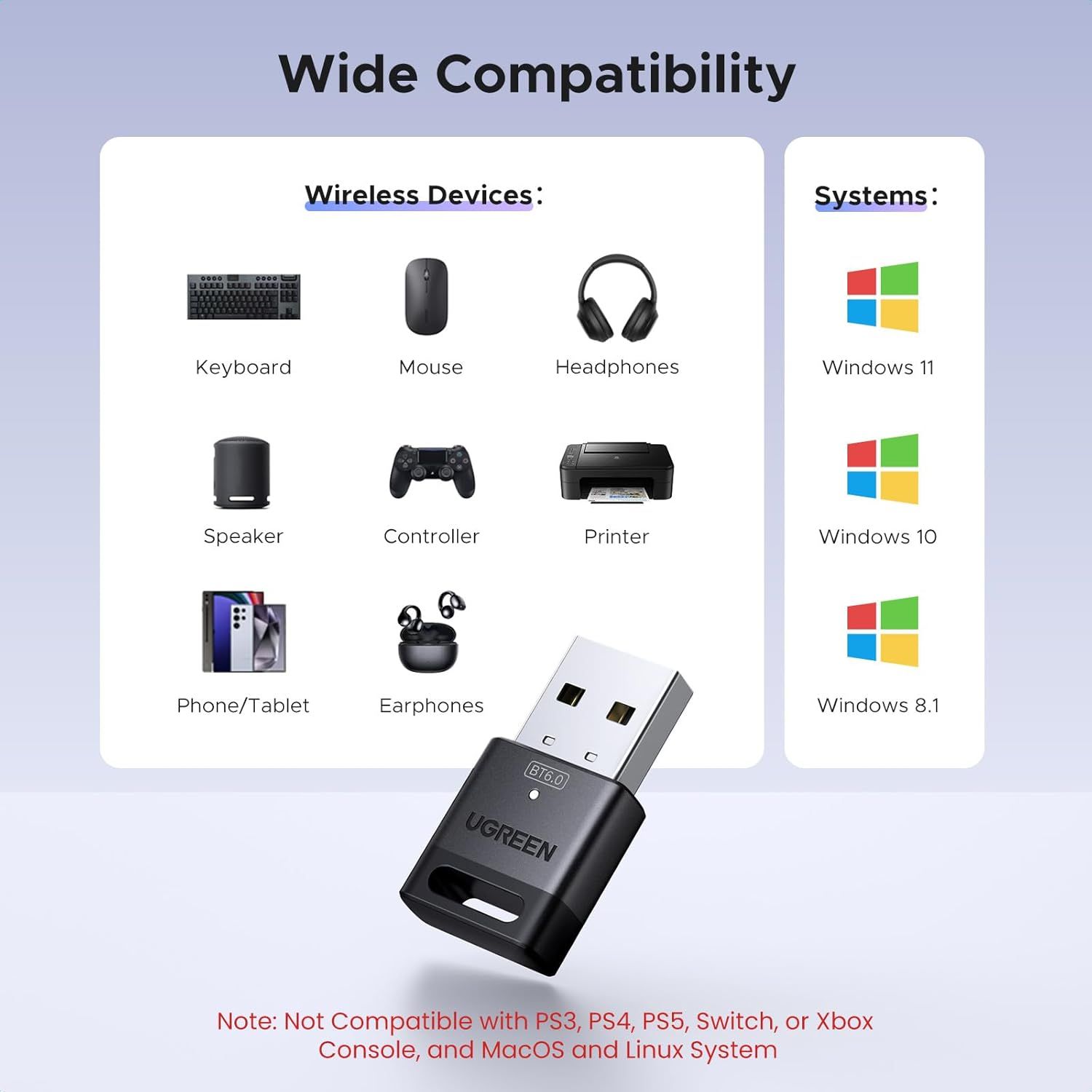 Demonstrates the USB adapter's compatibility with multiple wireless devices (keyboard, mouse, headphones, speaker, controller, printer, phone/tablet,…
