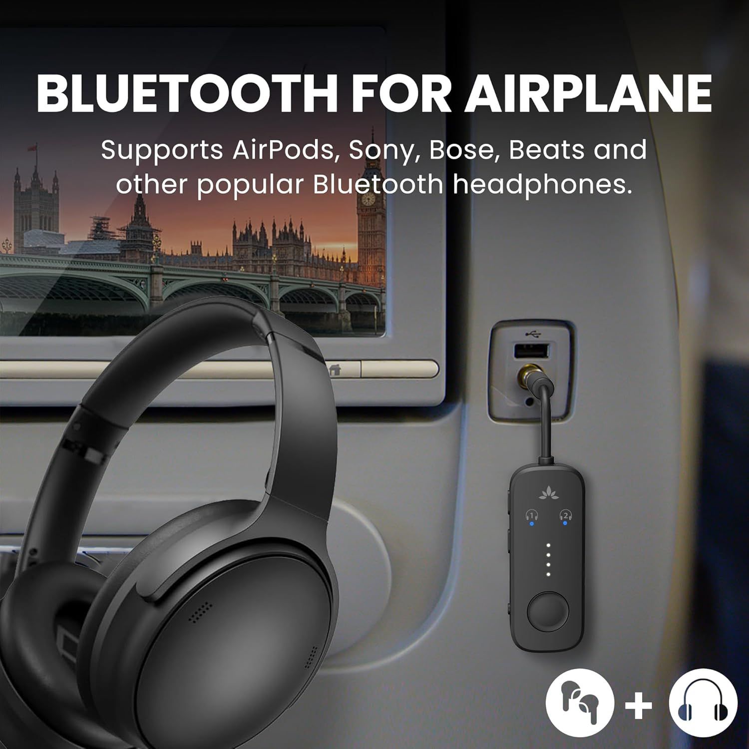 Demonstrates that the Bluetooth adapter enables wireless headphones (AirPods, Sony, Bose, Beats) to work with airplane entertainment systems, solving a common…