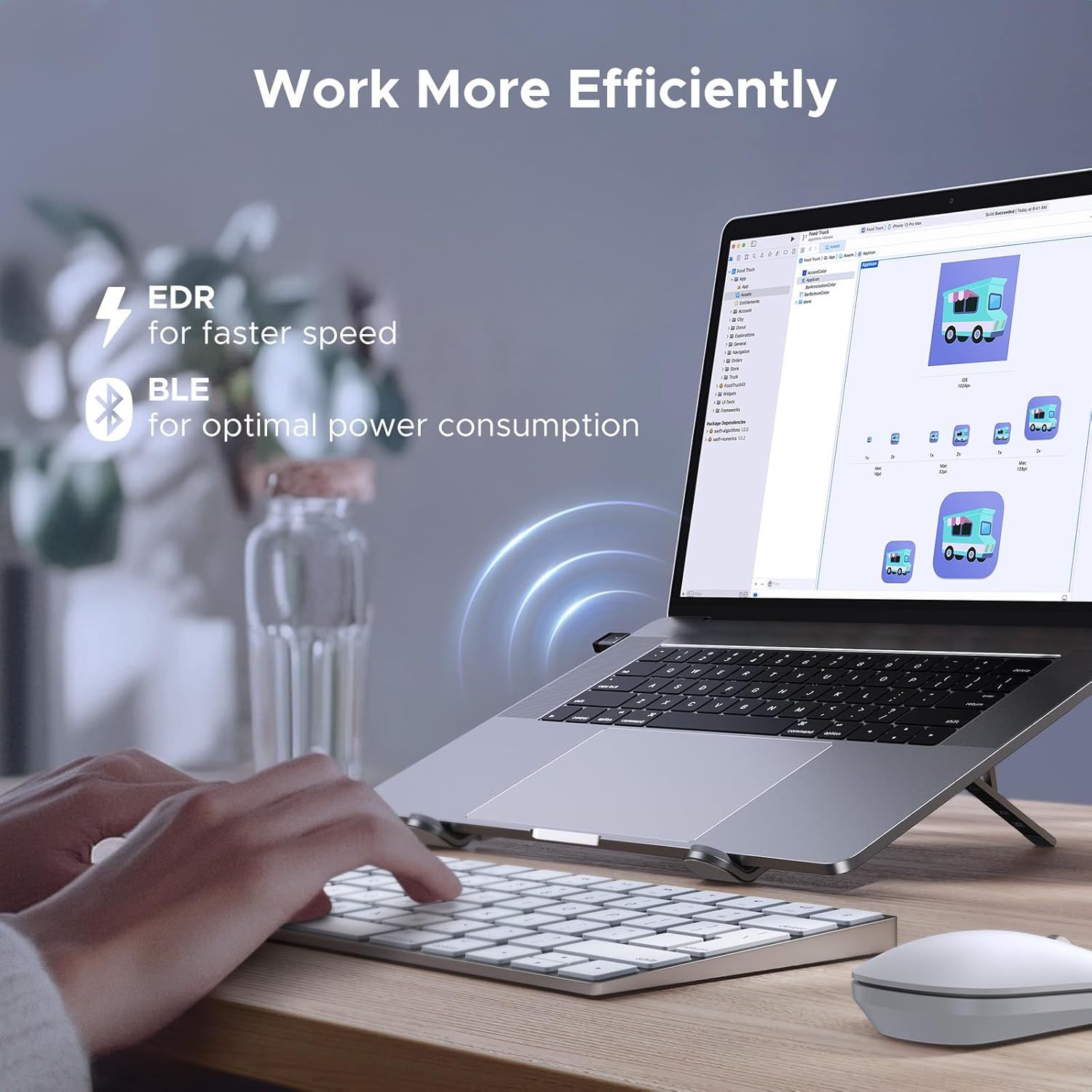 Communicates two distinct technical benefits (EDR and BLE) that enable the product to work more efficiently, reassuring shoppers about speed and power…