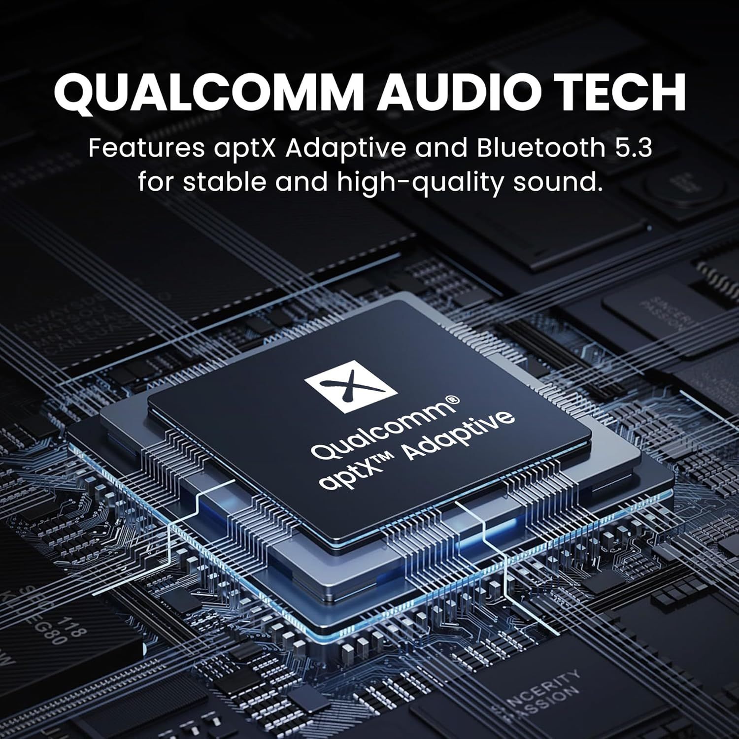 Highlights the advanced Qualcomm audio technology with aptX Adaptive and Bluetooth 5.3 to communicate superior sound quality and stable wireless connectivity…