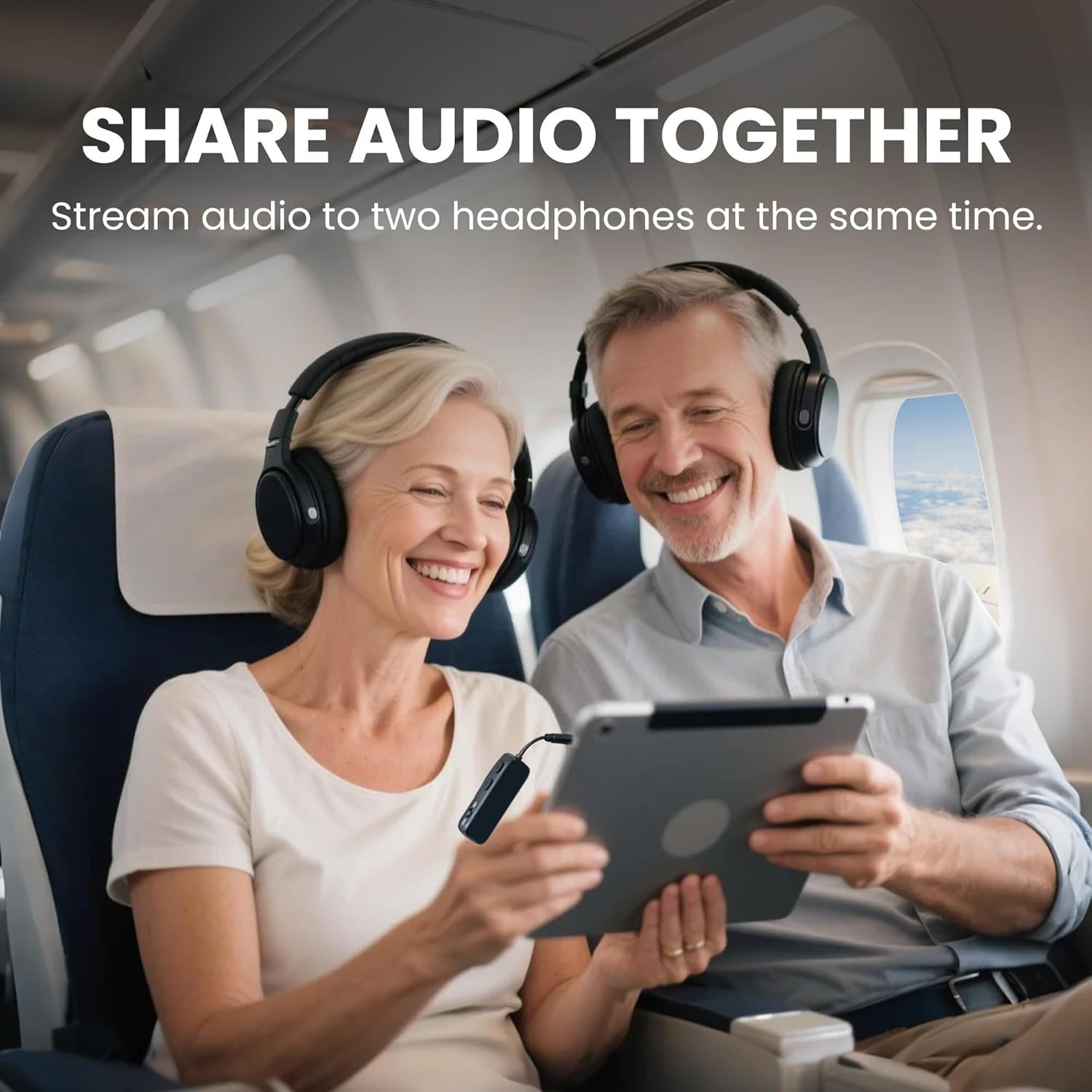 Demonstrates a key use case for the product—sharing audio between two headphones simultaneously—ideal for travel companions or couples who want to watch or…