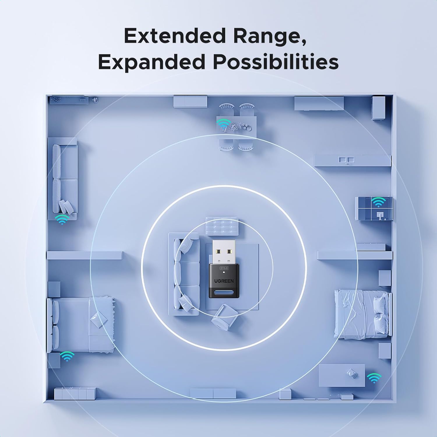 Demonstrates the product's extended wireless range capability by showing concentric circles radiating throughout a home floor plan, reassuring shoppers that…