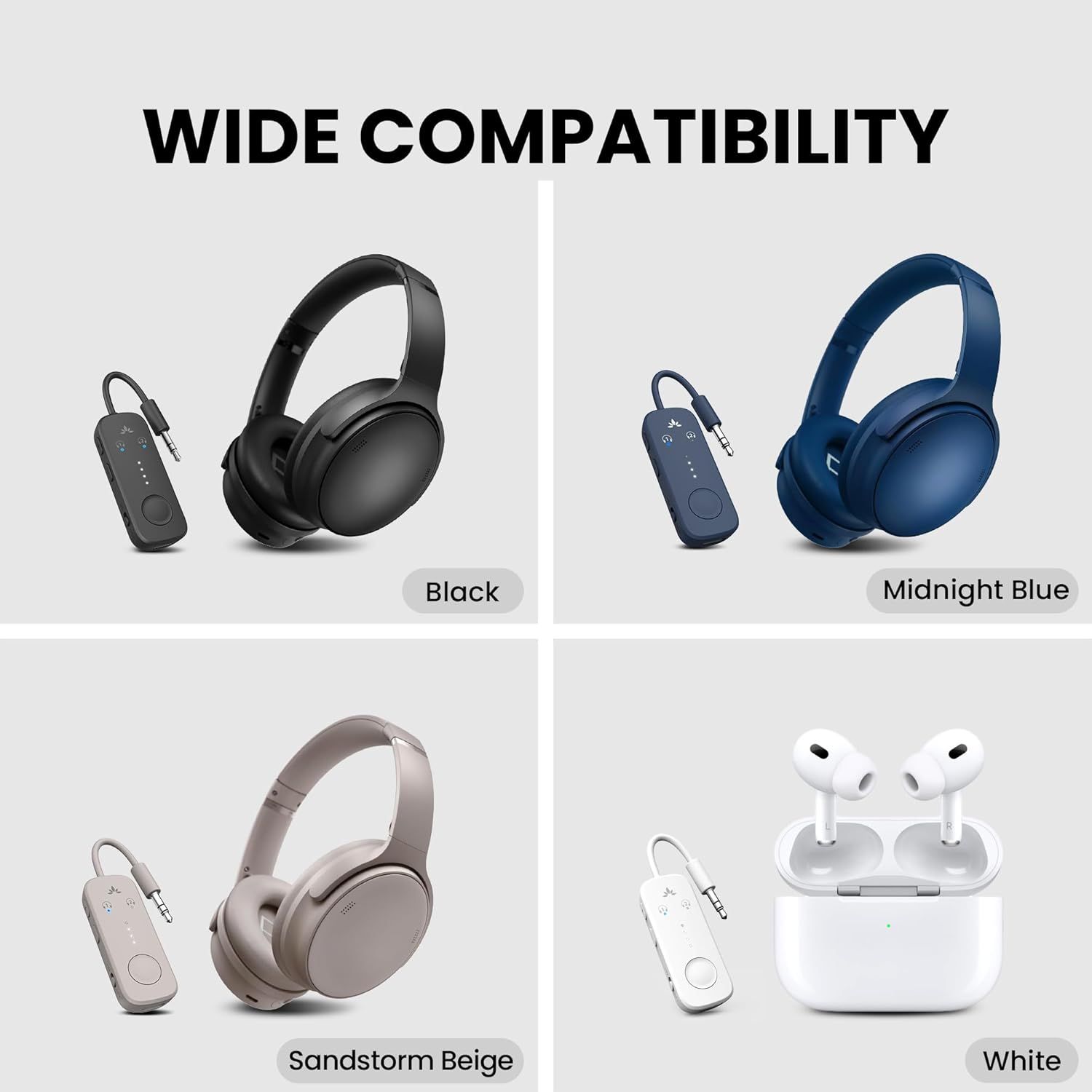 Demonstrates that the product works with various headphone types and styles, reassuring shoppers that the adapter/transmitter is universally compatible with…
