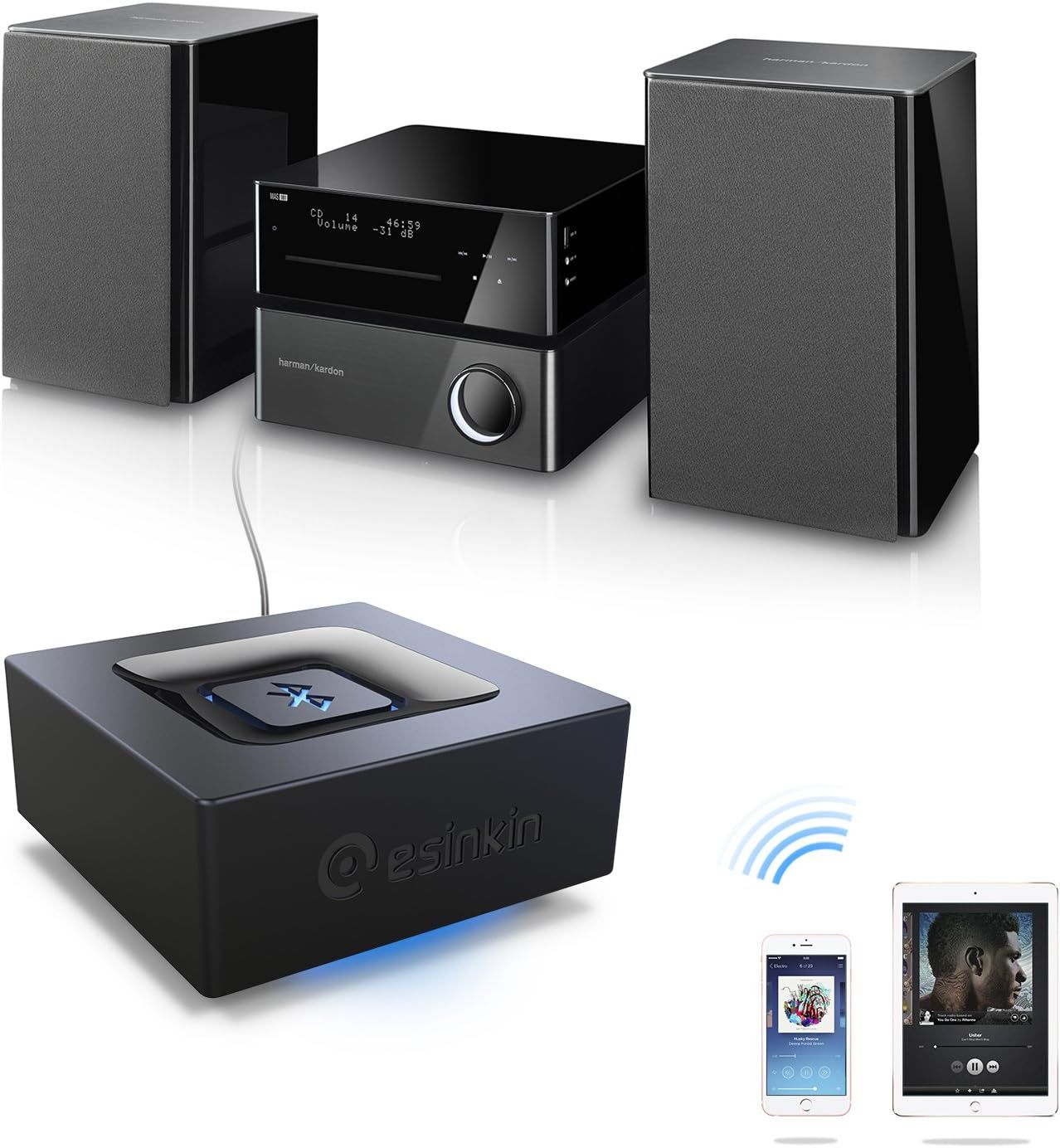Demonstrates how the Bluetooth adapter enables wireless audio streaming from multiple devices (smartphones and tablets) to the stereo system, showing…