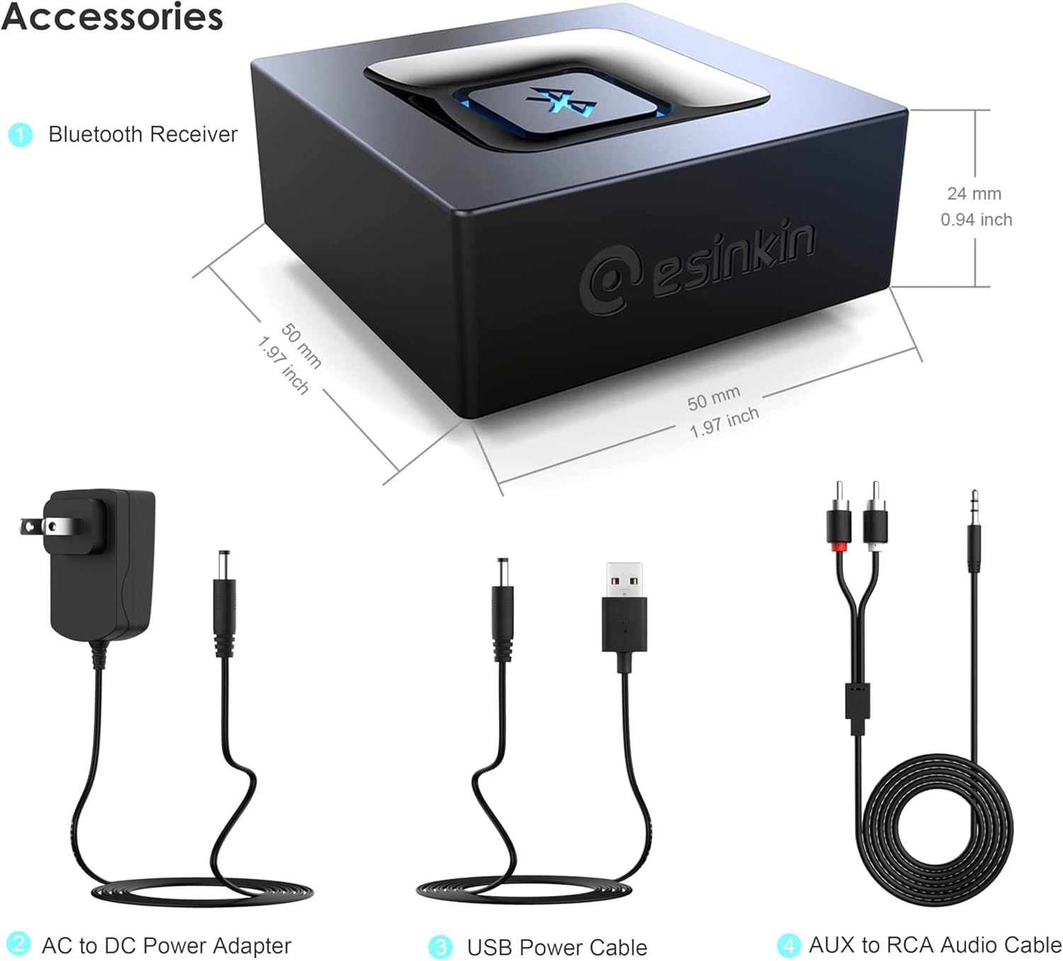 Communicates the exact physical dimensions of the Bluetooth receiver (50mm x 50mm x 24mm) to help shoppers understand its compact size and fit. Shows all…
