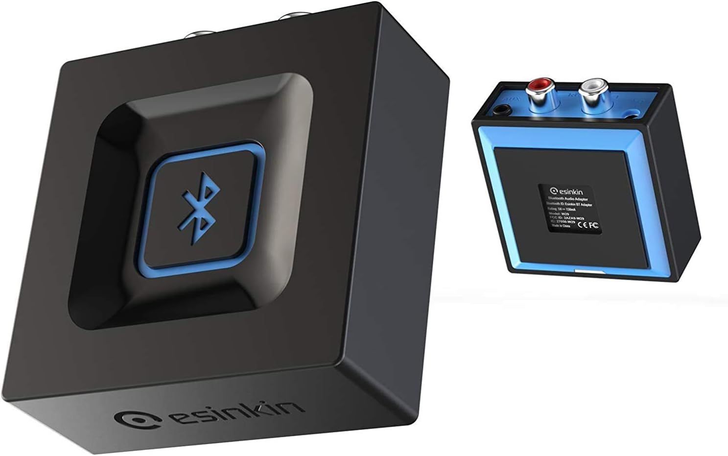 Displays the Bluetooth audio receiver from multiple angles on a clean white background to show the product design, Bluetooth connectivity feature, and brand…