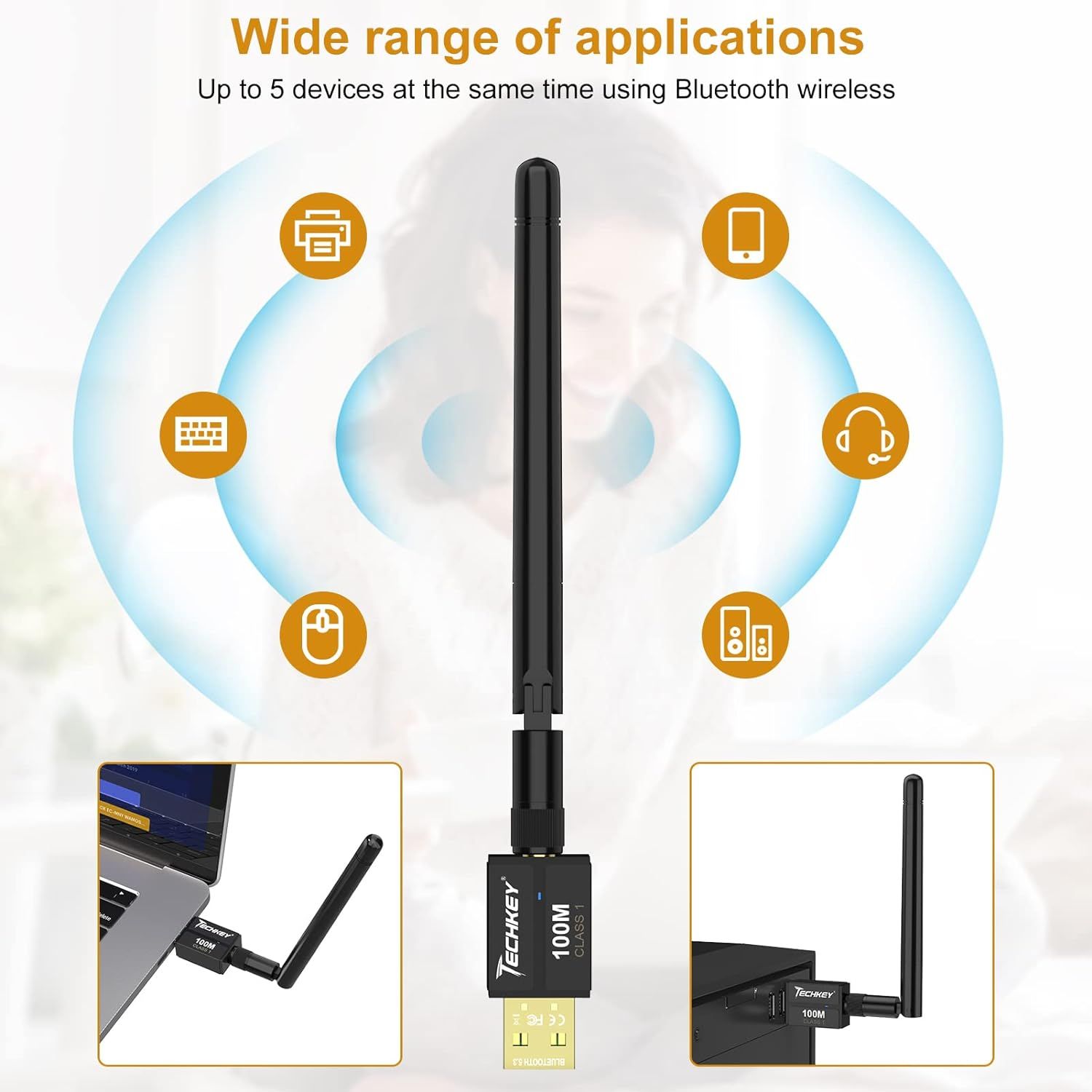 Demonstrates the product's versatility by showing it can connect to up to 5 different device types simultaneously via Bluetooth wireless, reassuring shoppers…